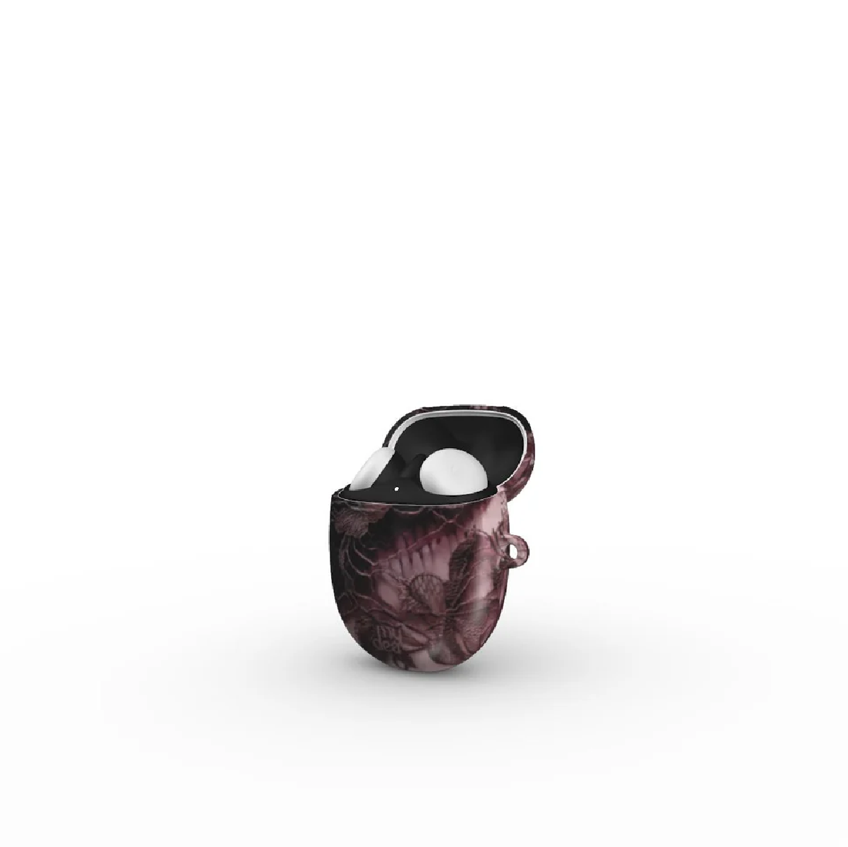 Custodia per auricolari aperta. La custodia è bordeaux con un motivo floreale. Gli auricolari sono bianchi. Lo sfondo è bianco.