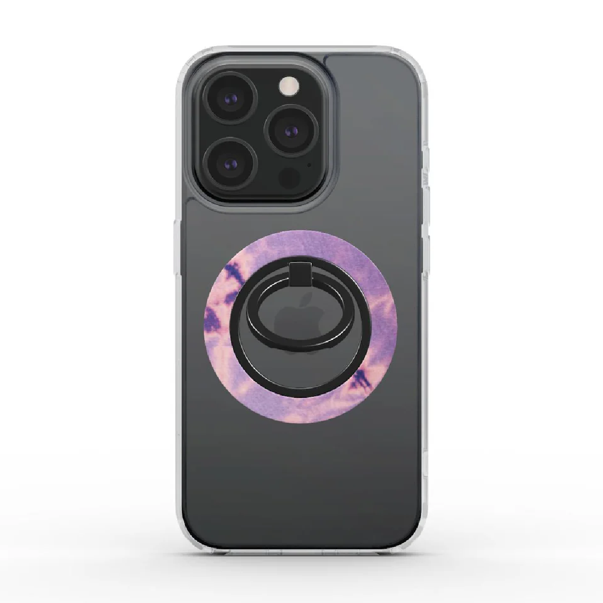Uno smartphone con custodia trasparente, con un supporto ad anello tie-dye. Il telefono ha più fotocamere. L'anello è nero con un design viola.