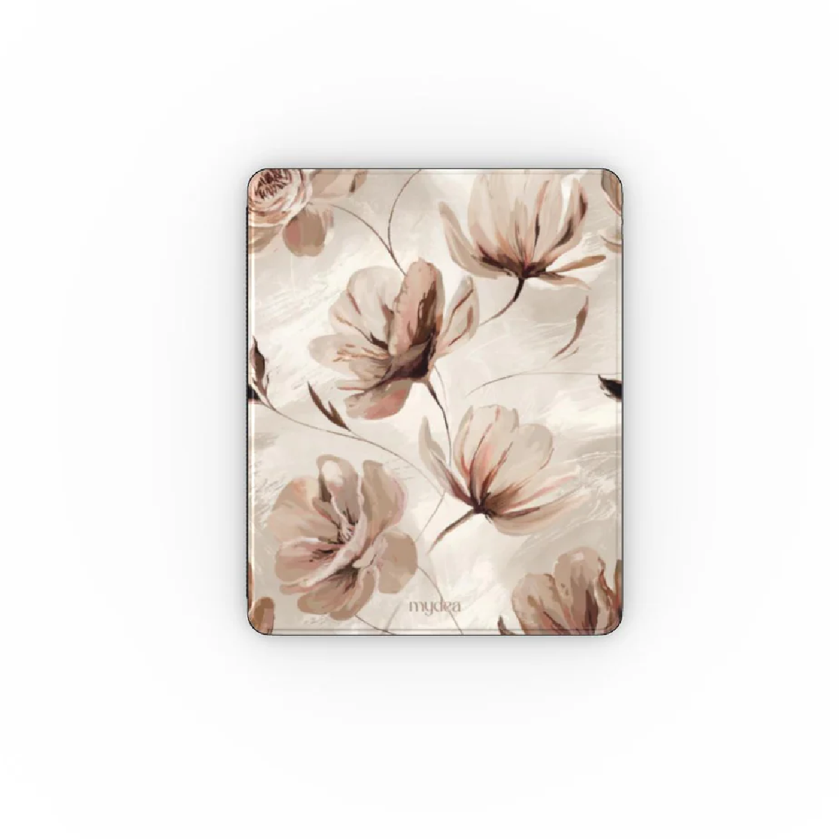 Un motivo floreale con fiori beige e rosa su sfondo chiaro. I fiori hanno petali delicati e sono stilizzati.