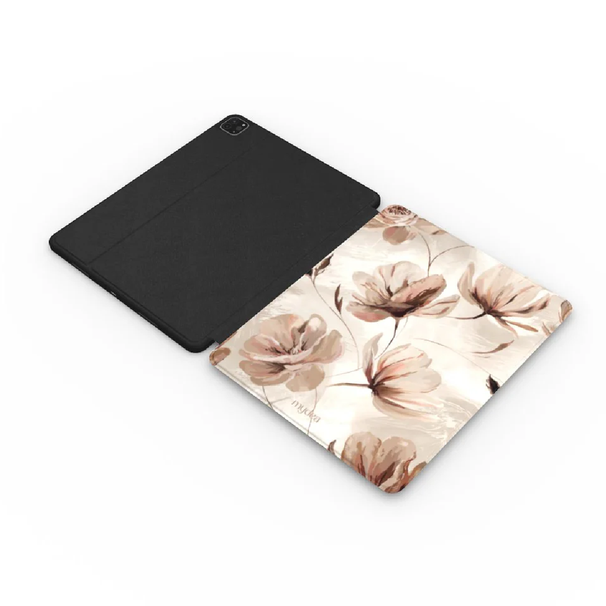 Custodia nera per tablet accanto a una custodia a fantasia floreale. La custodia floreale ha fiori beige con steli marroni su sfondo bianco.