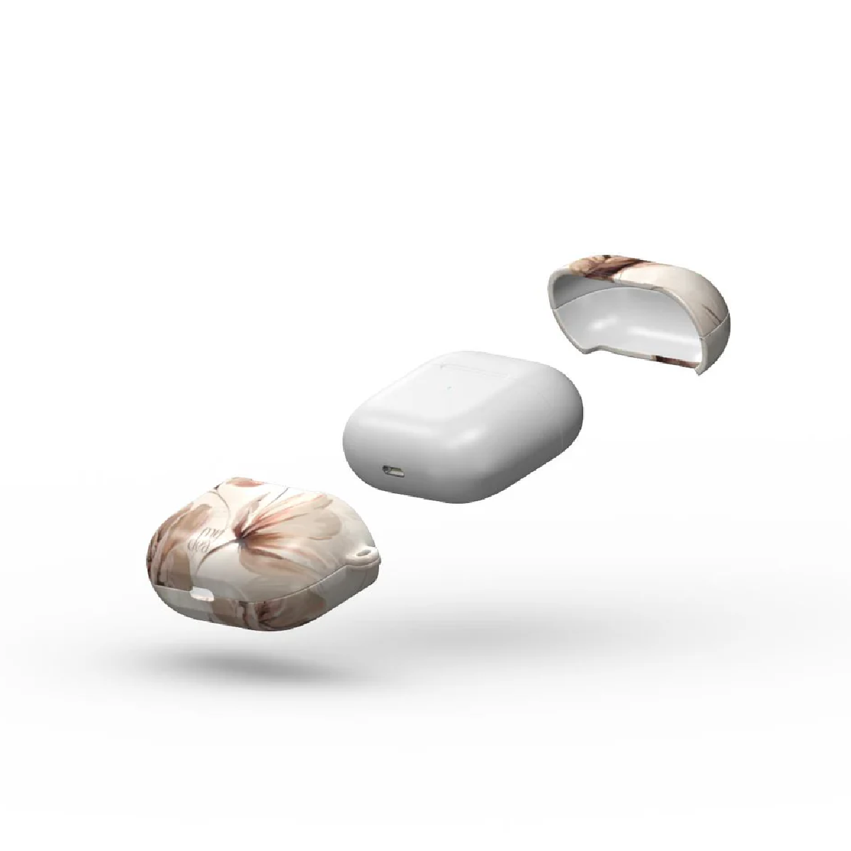 Custodia bianca per AirPods con copertine a fantasia floreale, una aperta. La custodia è al centro, con i coperchi superiore e inferiore staccati.