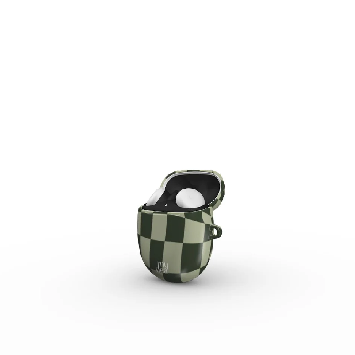 Auricolari in una custodia a scacchi verde e beige, aperta. Auricolari bianchi all'interno. La custodia ha un piccolo anello laterale.