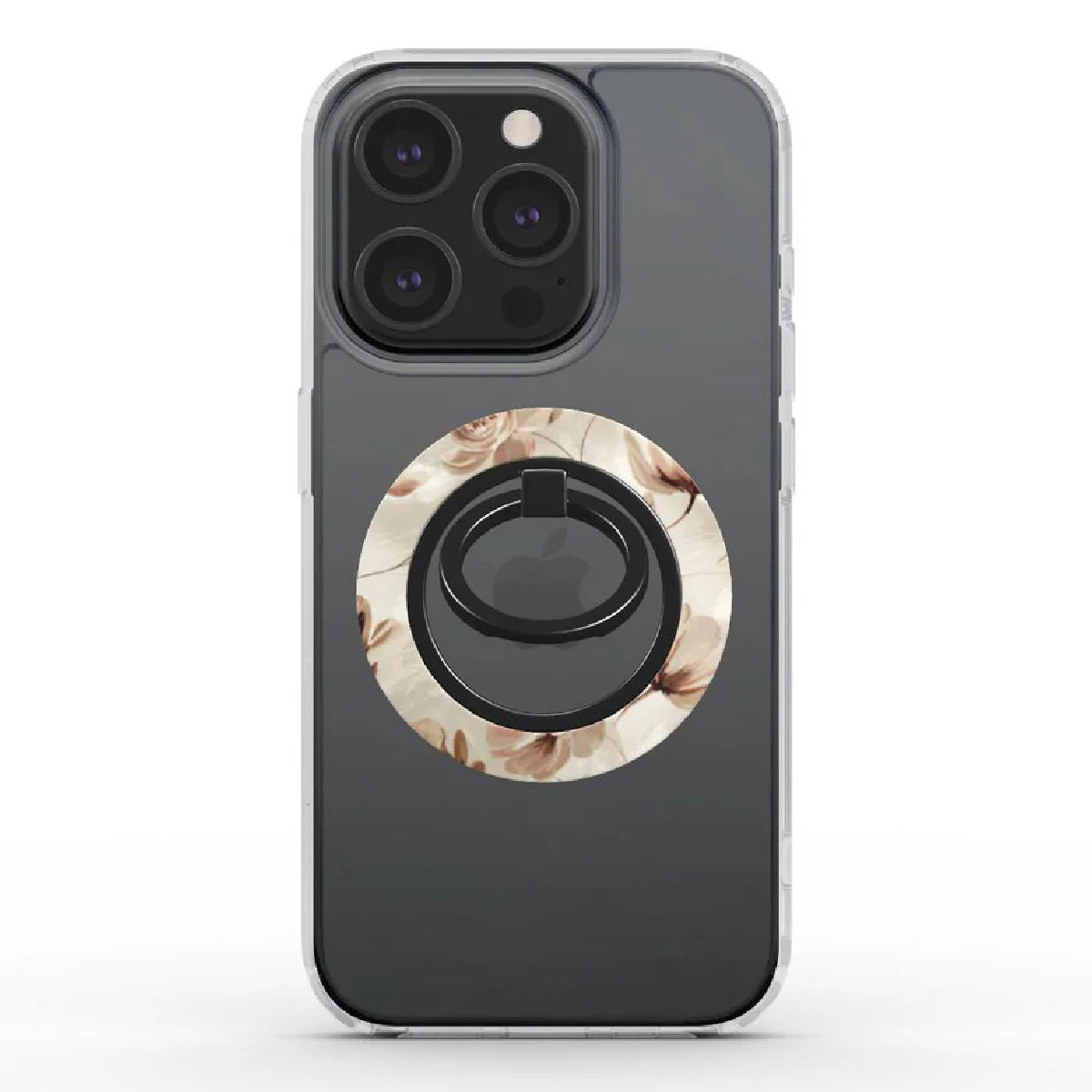 Uno smartphone con un anello floreale. Il telefono è nero con una custodia trasparente. Il supporto ha un design floreale.