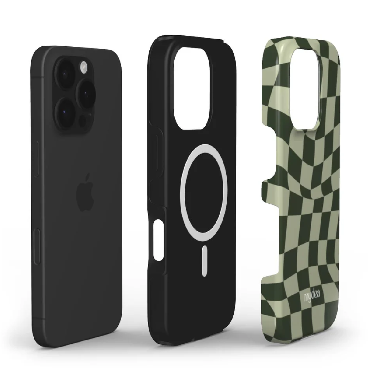 Tre custodie per telefono: iPhone nero, custodia nera con cerchio bianco e custodia a scacchi verdi. Tutto su sfondo bianco.