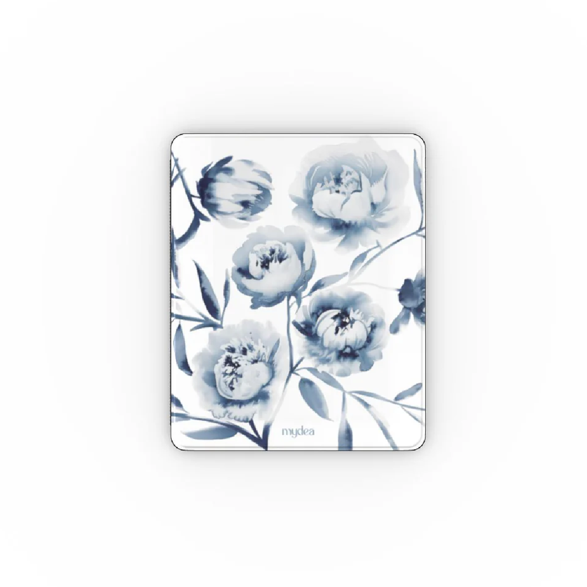 Un design rettangolare con fiori, foglie e boccioli blu ad acquerello su sfondo bianco. La parola 'mydea' è in basso.