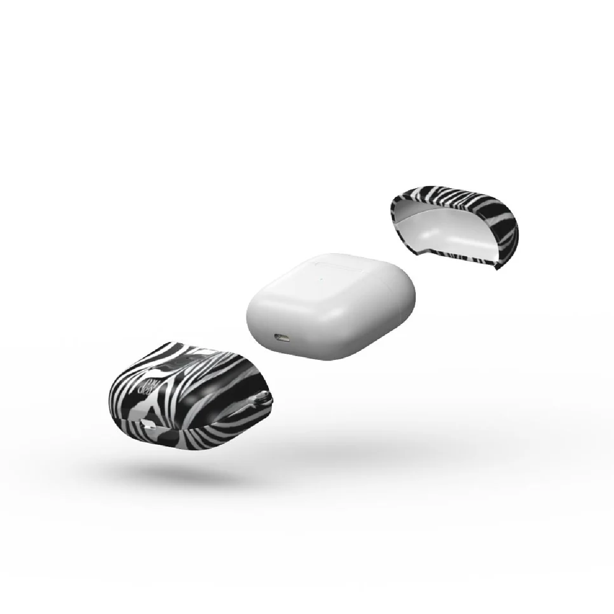 Custodia bianca per AirPods con coperture a righe zebrate bianche e nere. La custodia è aperta, con i coperchi superiore e inferiore staccati. Lo sfondo è bianco.