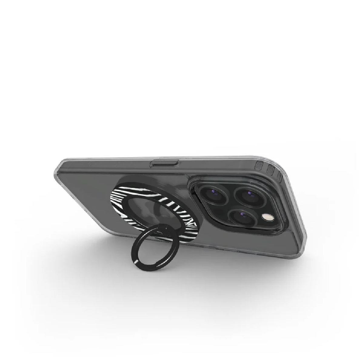 Un telefono con un anello di supporto, stampa zebrata sull'anello. Il telefono è in una custodia trasparente, con la fotocamera visibile.