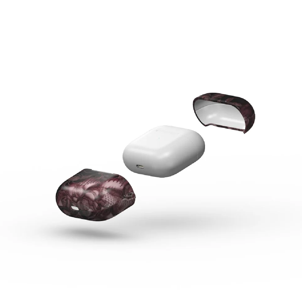 Custodia AirPods con un design a drago, in tre parti. La parte centrale è bianca, e le altre due hanno un design a drago rosso.