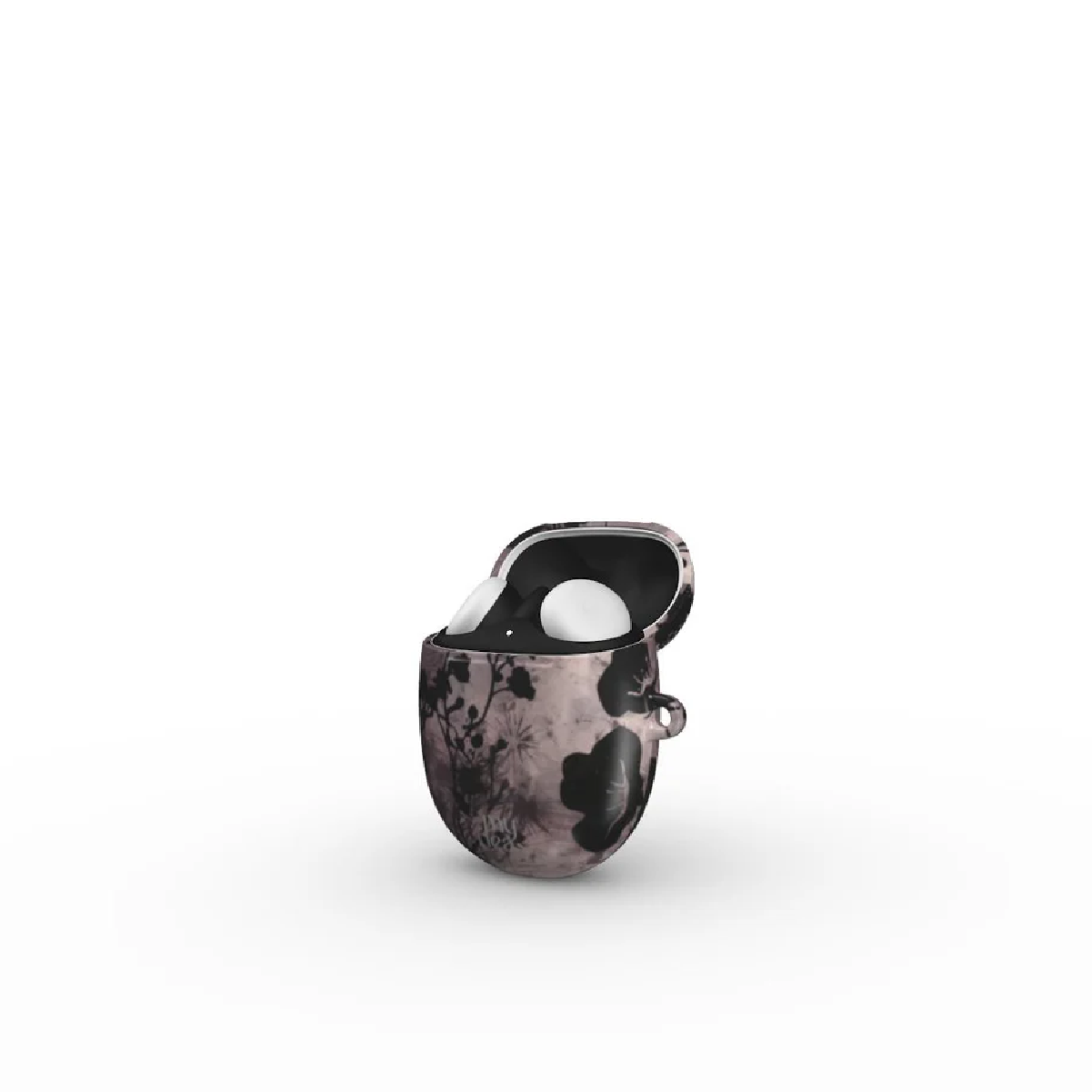 Auricolari in una custodia a fantasia, aperta, che rivela auricolari bianchi. La custodia ha un design floreale in toni neri e rosa, su sfondo bianco.