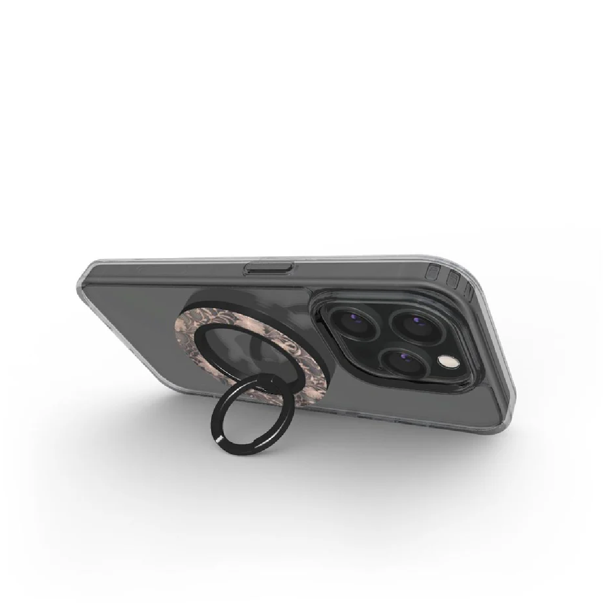 Una custodia trasparente per telefono con anello. L'anello ha un design fantasia. Il telefono ha più lenti della fotocamera.
