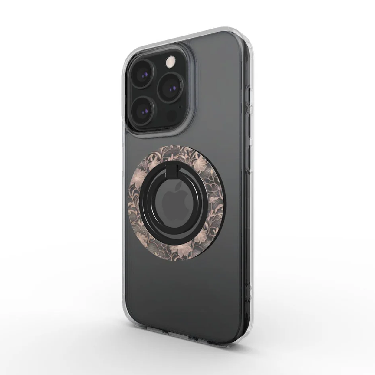 Un iPhone con un anello floreale. Il telefono è in una custodia trasparente. Il supporto ad anello è marrone con un motivo floreale.