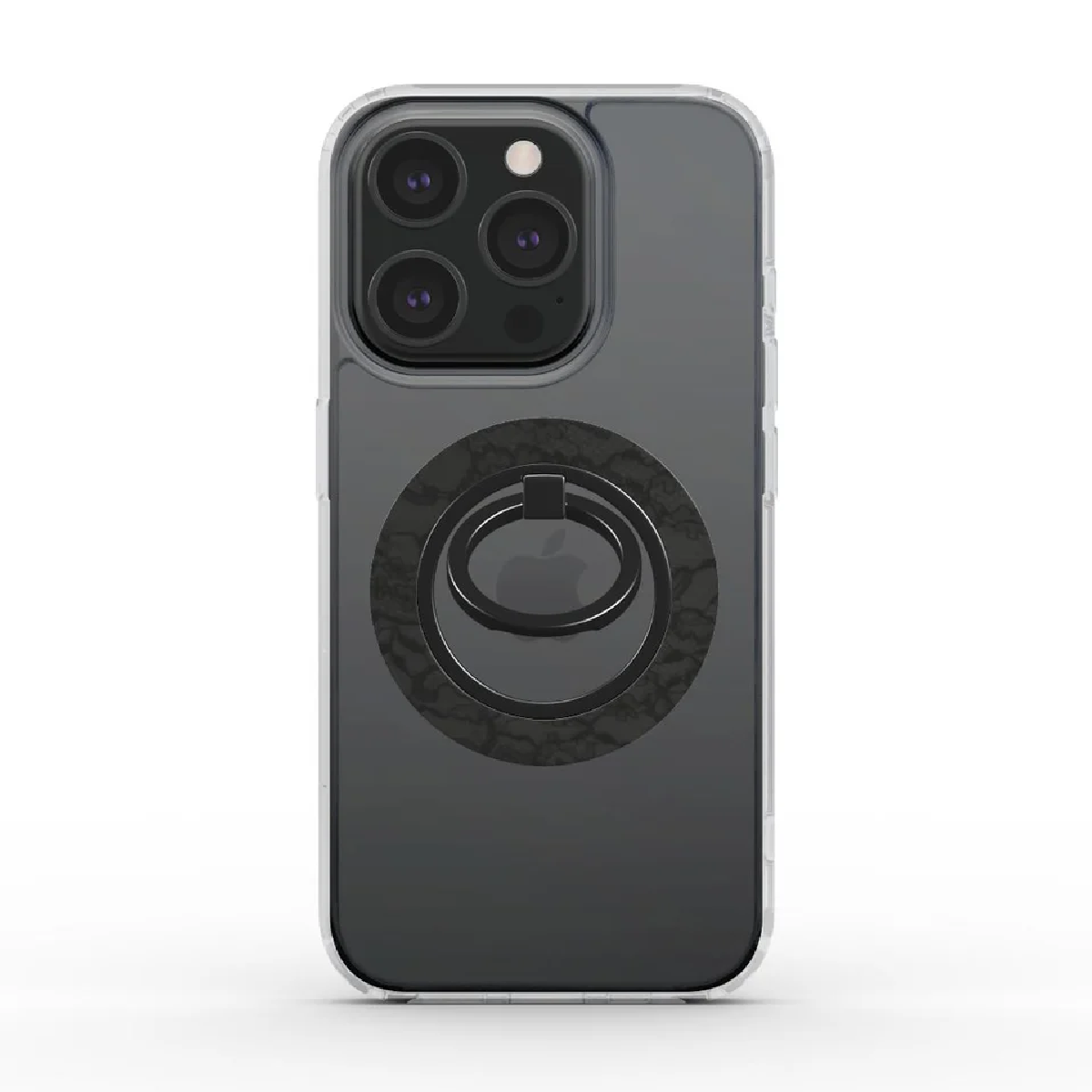 Uno smartphone con custodia e porta anello. Il telefono è nero con custodia trasparente e porta anello nero con texture marmorizzata.