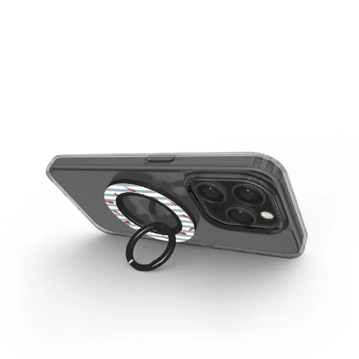 Un telefono con custodia trasparente e anello di supporto, sfondo bianco. L'anello di supporto ha un motivo a righe blu e bianche e dettagli rossi.