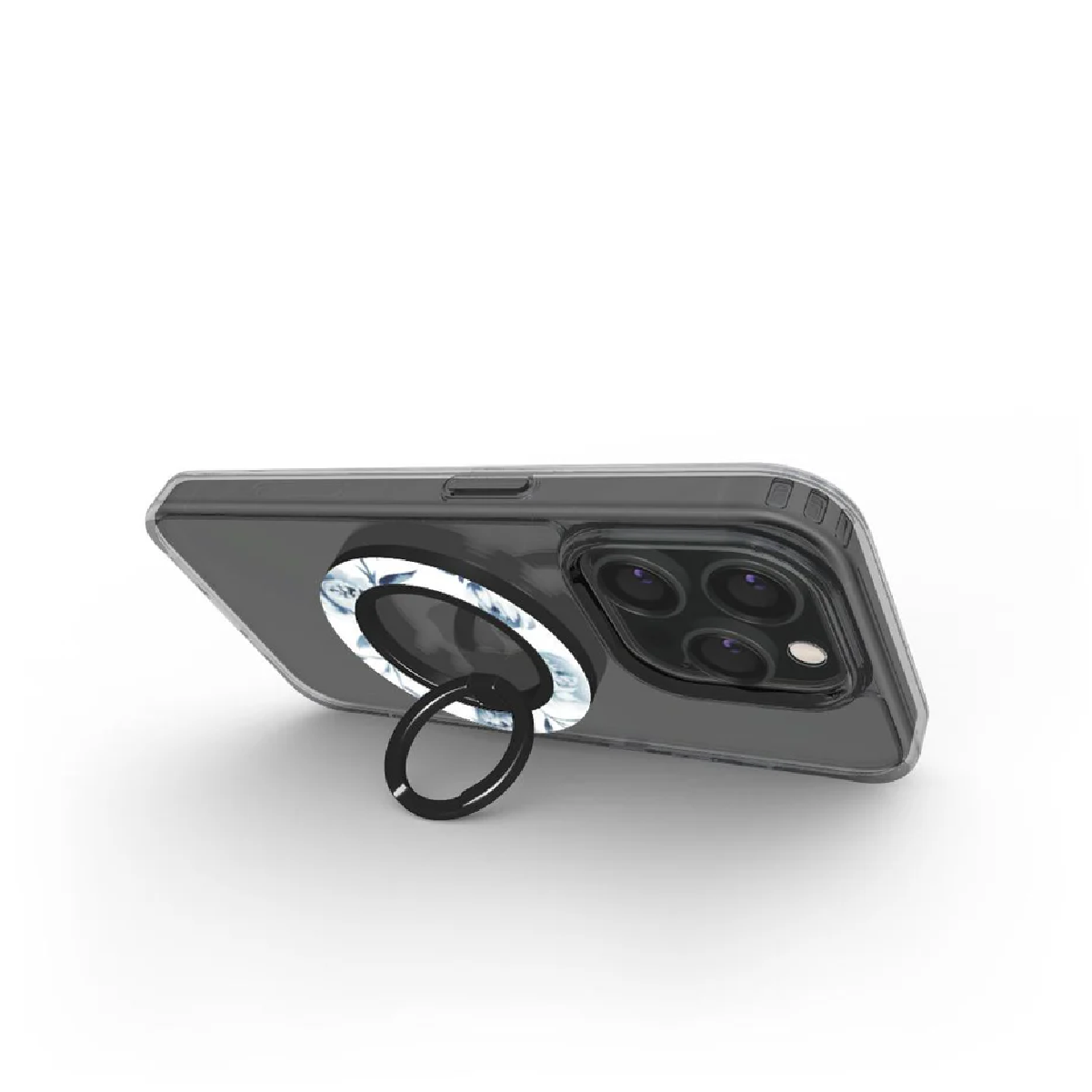 Custodia trasparente per telefono con supporto ad anello. Il telefono ha una fotocamera nera e il supporto ad anello è nero.
