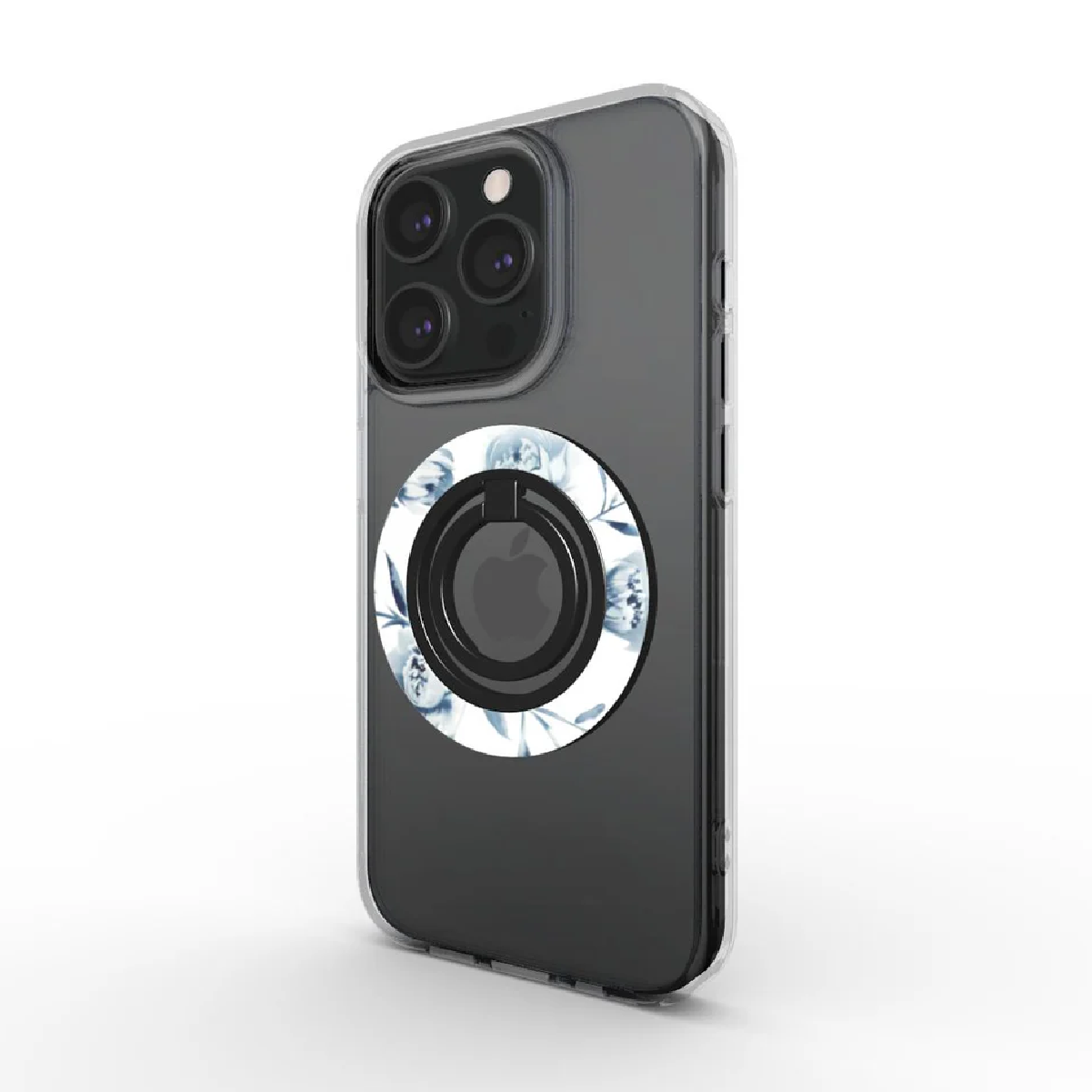Un iPhone con un supporto ad anello a motivi floreali. Il telefono ha una custodia trasparente. L'anello ha un supporto nero e un design floreale bianco e blu.