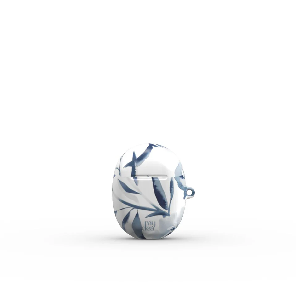 Una custodia per auricolari con design floreale bianco e blu, un piccolo anello sul lato destro, con il logo 'my idea' in basso.