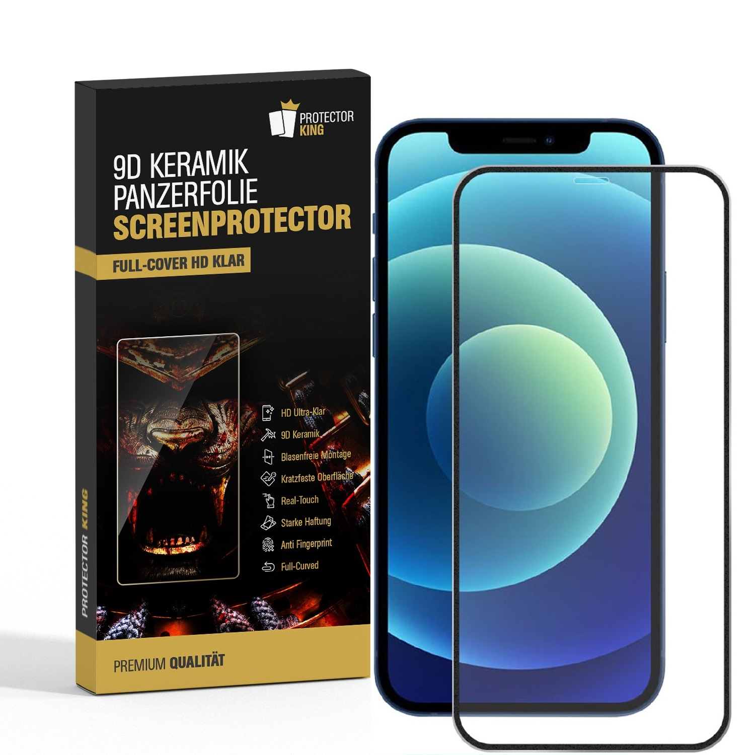 Smartphone mit Displayschutzfolie und Schachtel. Auf der Schachtel steht: '9D KERAMIK PANZERFOLIE SCREENPROTECTOR'.