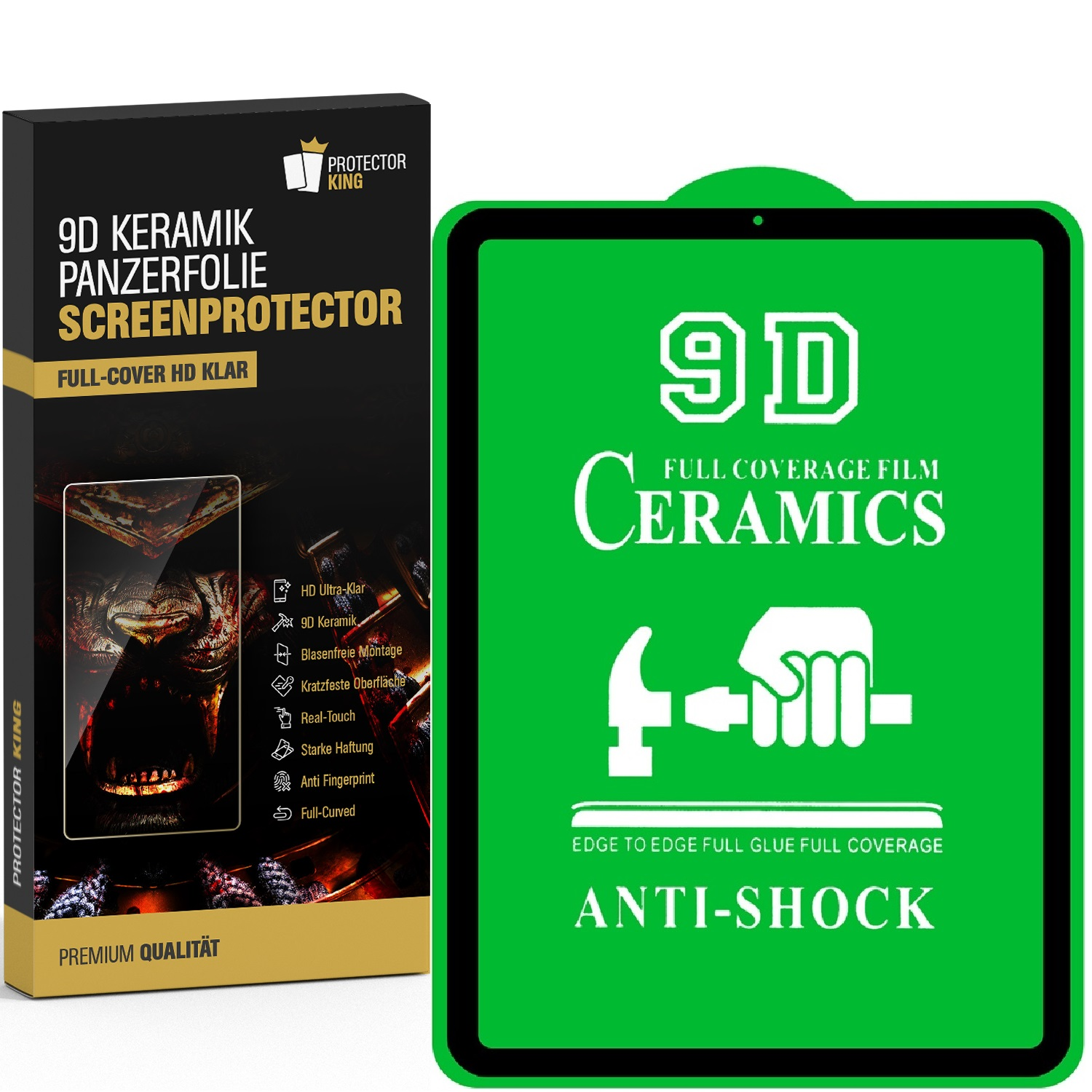 Eine Displayschutzfolienbox und ein grünes Tablet-Bild. Text enthält '9D Ceramics' und 'Anti-Shock'.