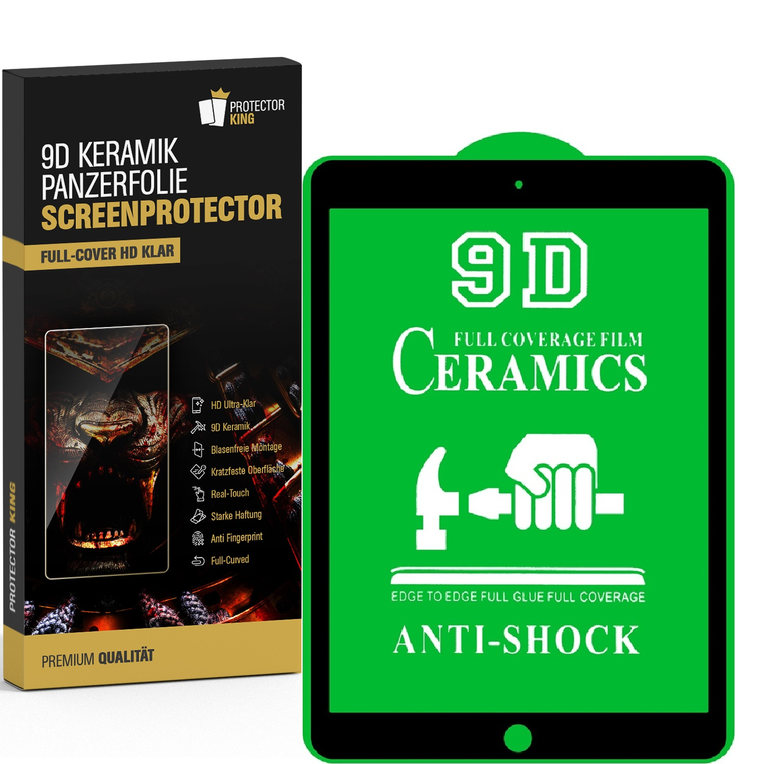 Eine Schutzfolienbox und ein Tablet. Auf der Box steht '9D Keramik Panzerfolie Screenprotector'. Das Tablet zeigt '9D Ceramics Anti-Shock'.
