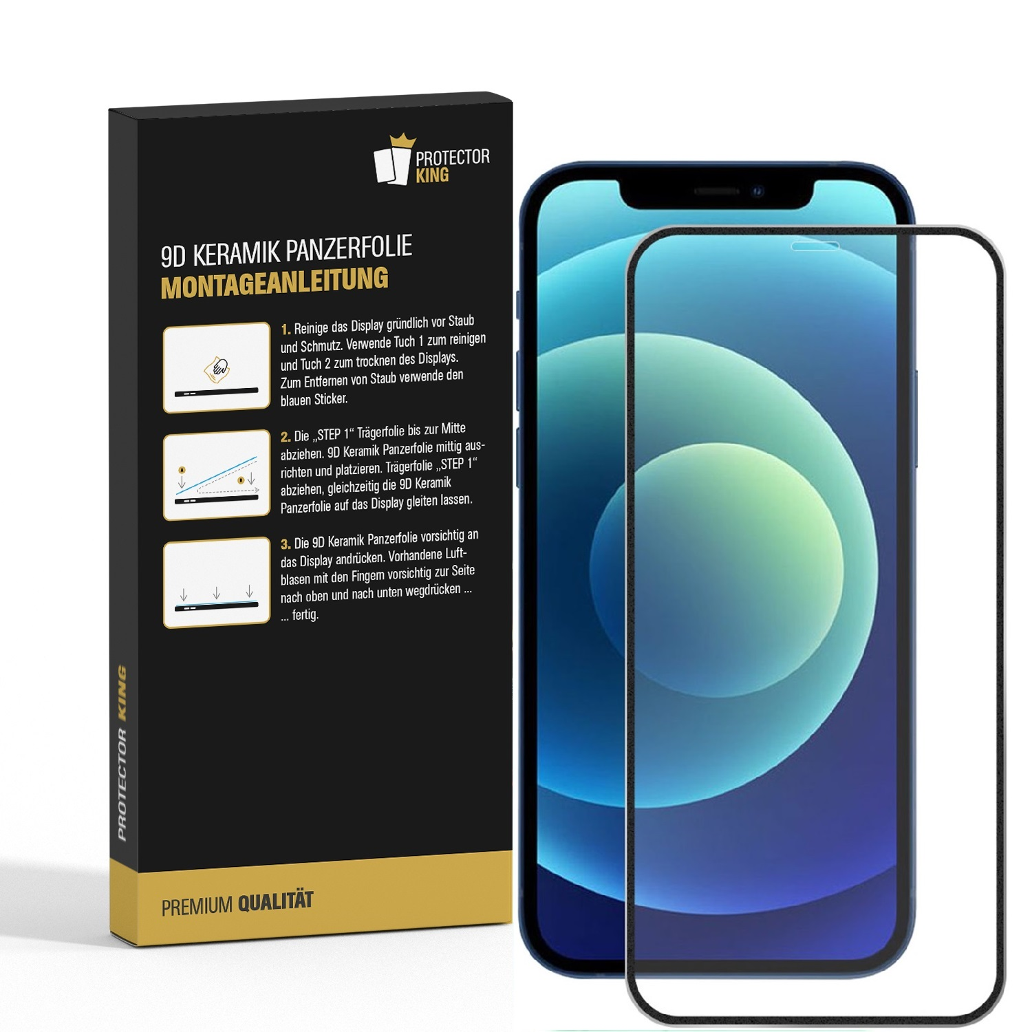 Ein iPhone mit Displayschutz neben einer Box mit Anweisungen zum Anbringen des Displayschutzes.