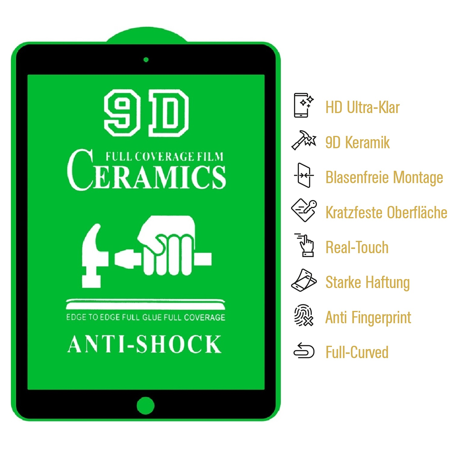 Grüner Tablet-Bildschirm mit weißem Text: 9D Ceramics, Anti-Shock. Symbole und Text beschreiben Eigenschaften wie HD-Klarheit, Kratzfestigkeit.