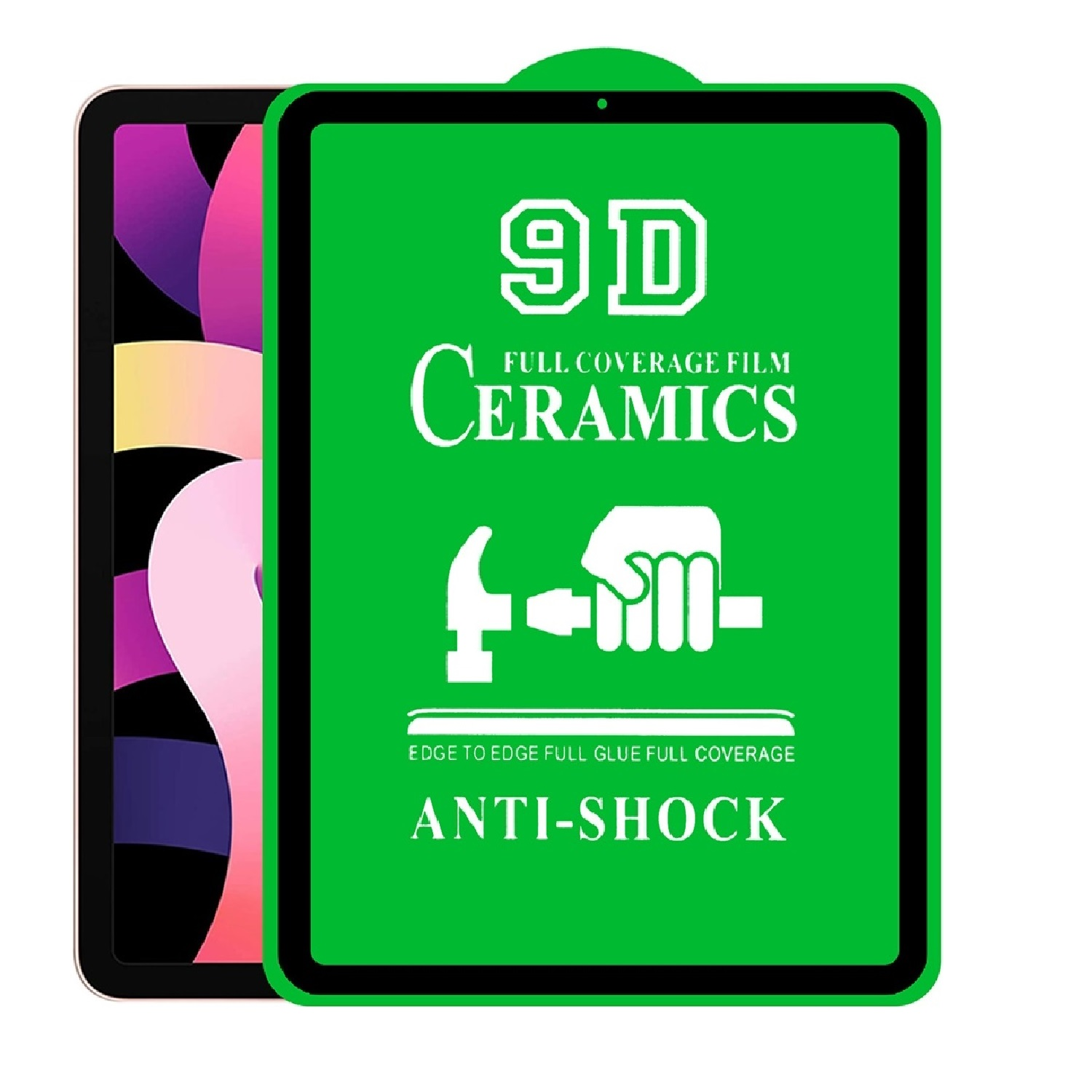 Tabletschutzfolie mit grünem Rand. Text enthält '9D Ceramics Anti-Shock'. Tablet teilweise sichtbar.