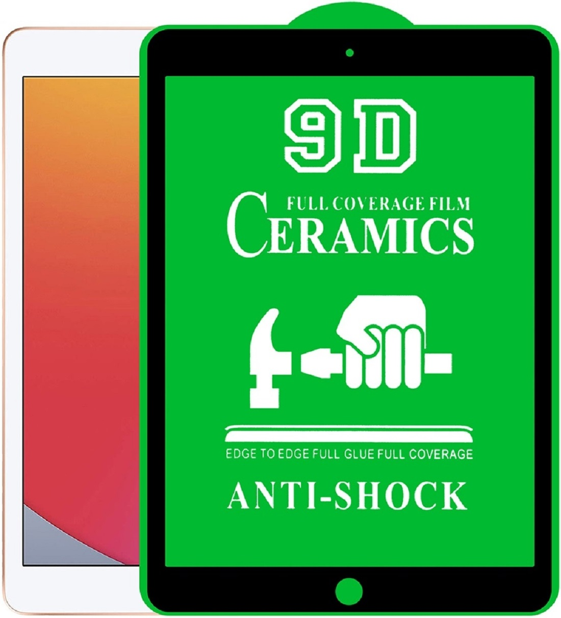 Ein iPad mit Displayschutzfolie. Der Schutz ist grün mit weißem Text: 9D Ceramics, Anti-Shock und einem Hammer-Symbol.
