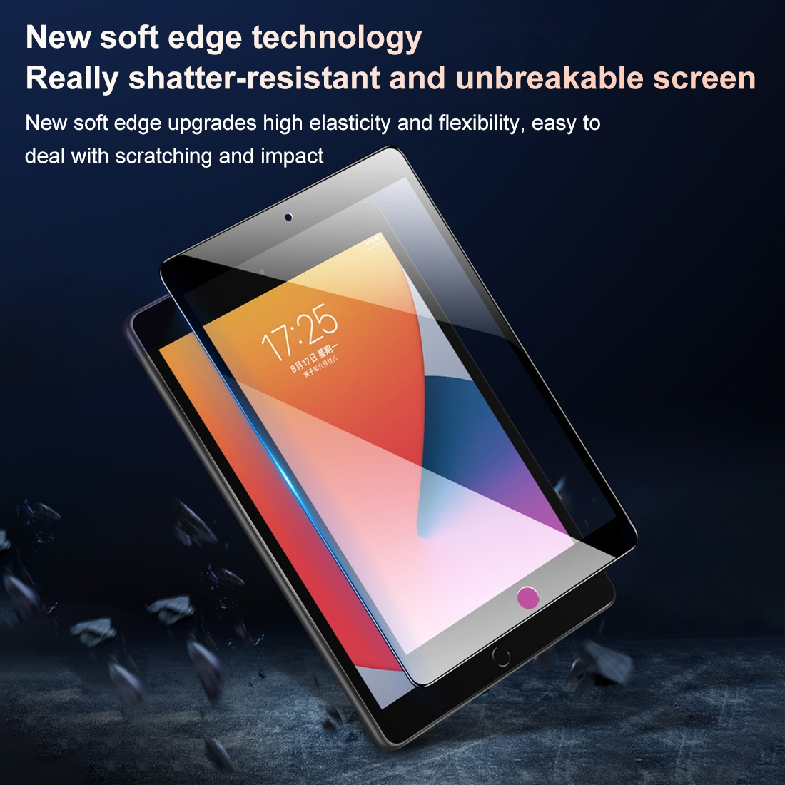 Zwei Tablets, eines mit Displayschutz. Der Bildschirm zeigt die Uhrzeit 17:25. Der Hintergrund ist dunkelblau.