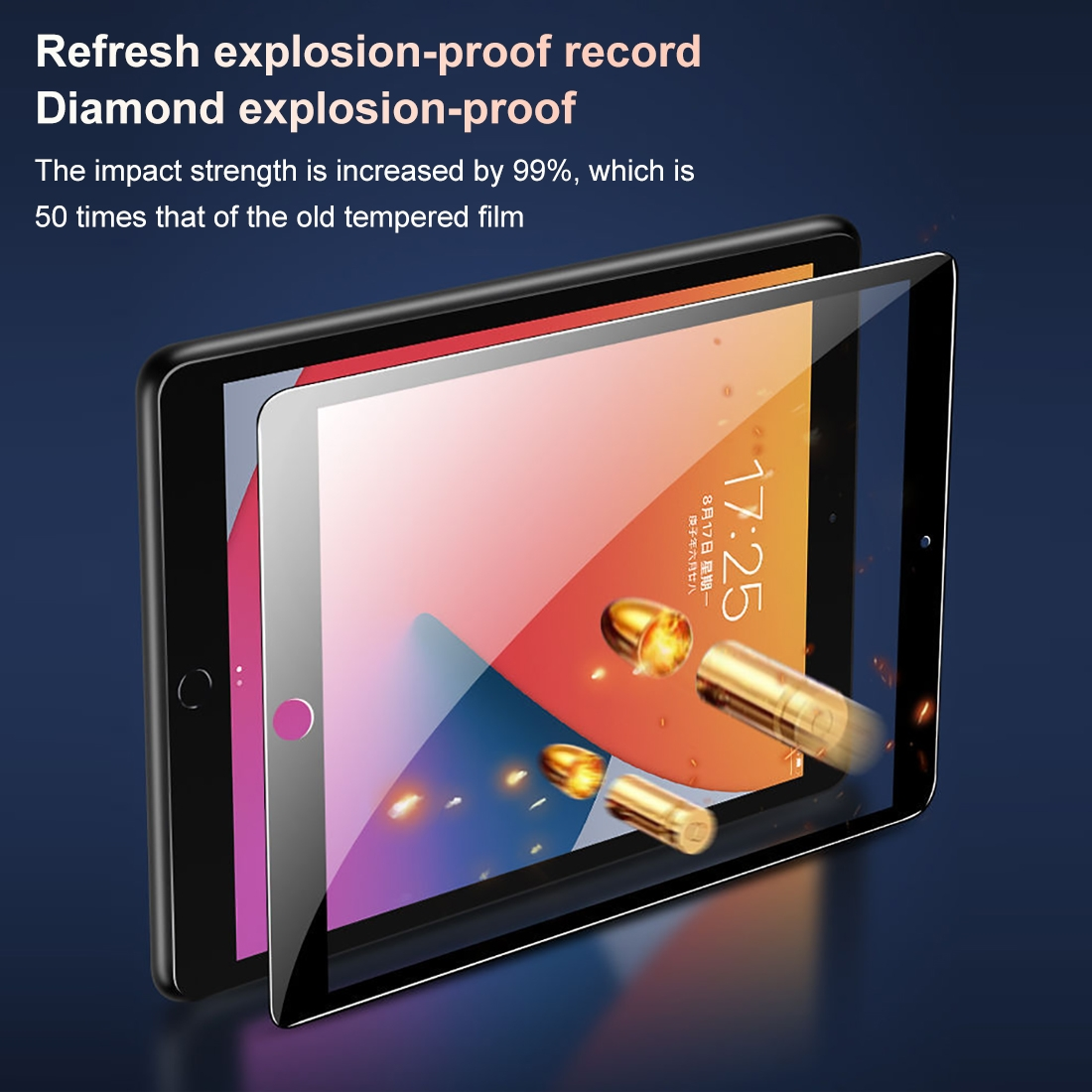 Tablet mit Displayschutzfolie. Kugeln zerspringen auf dem Bildschirm. Text erwähnt explosionsgeschützt und Schlagfestigkeit.
