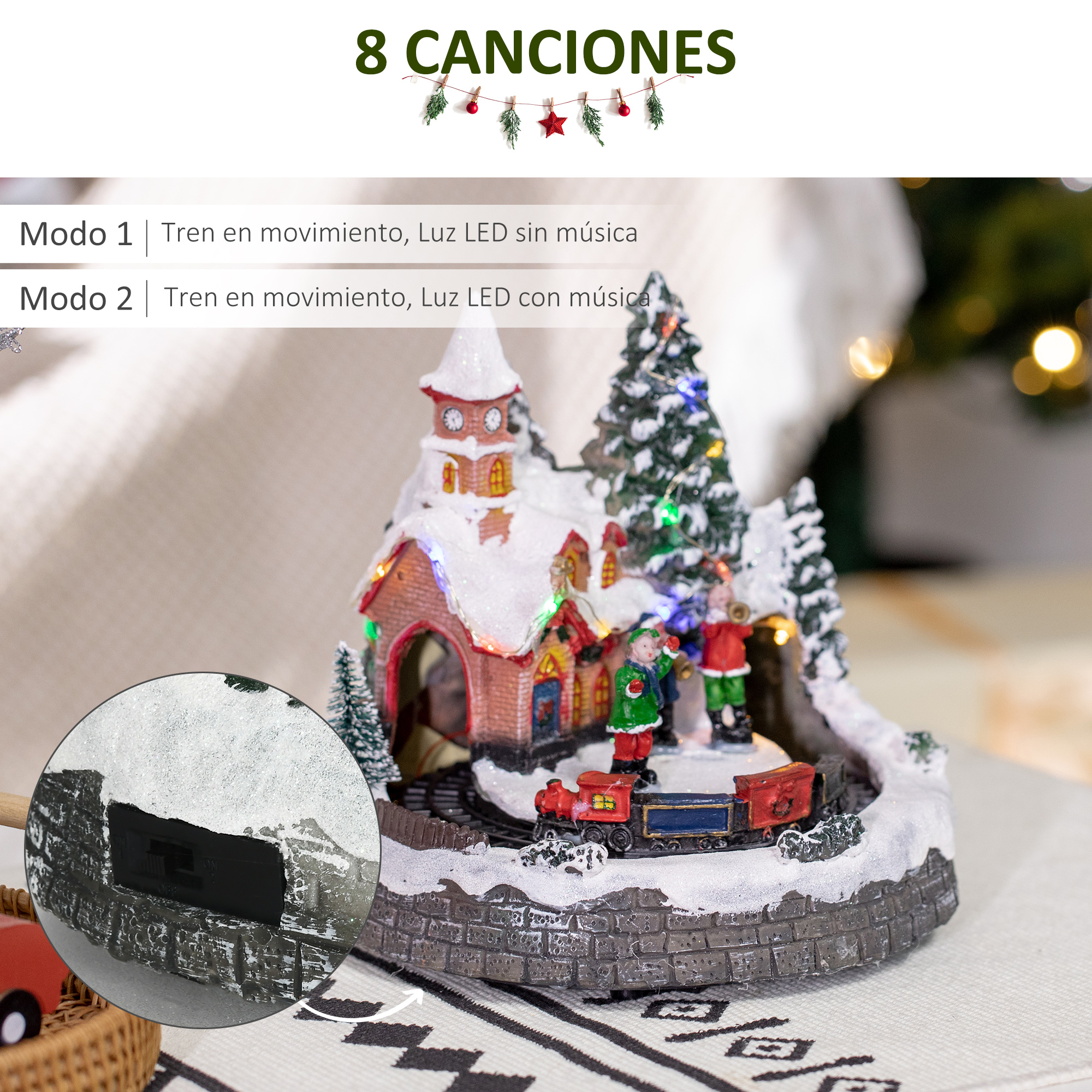 Una escena de pueblo navideño con un tren, iglesia, nieve y figuras. La imagen incluye superposición de texto.