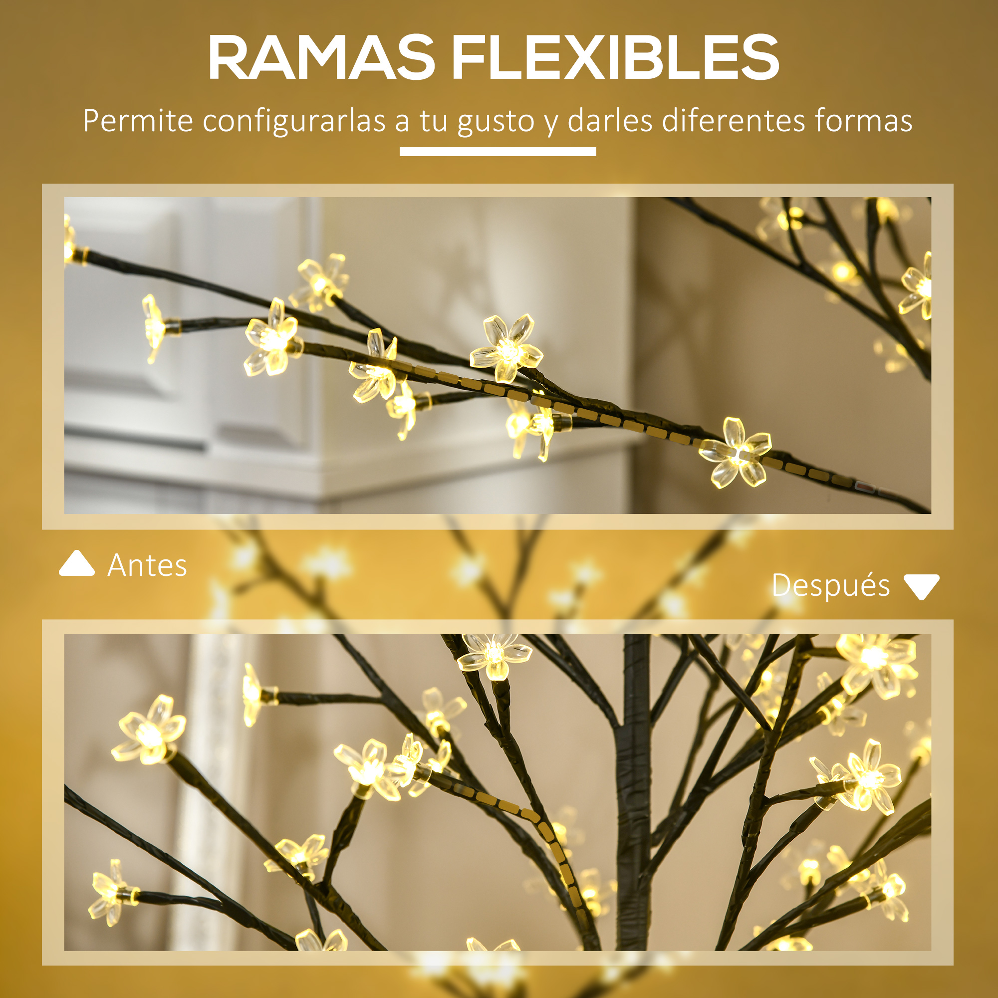 La imagen muestra una rama flexible con luces en forma de flor brillantes. Compara la rama antes y después de peinarla.