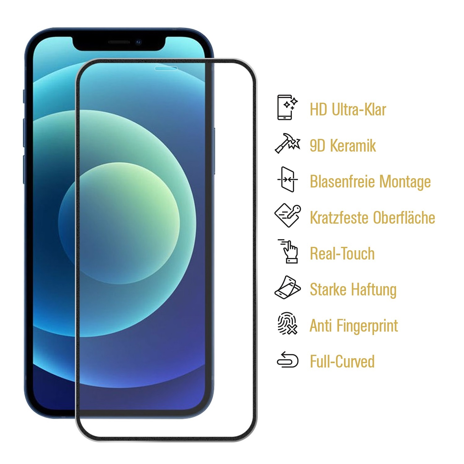 Ein Smartphone mit einer Bildschirmschutzfolie. Text und Symbole rechts beschreiben Funktionen wie HD-Klarheit, 9D-Keramik und Anti-Fingerprint.