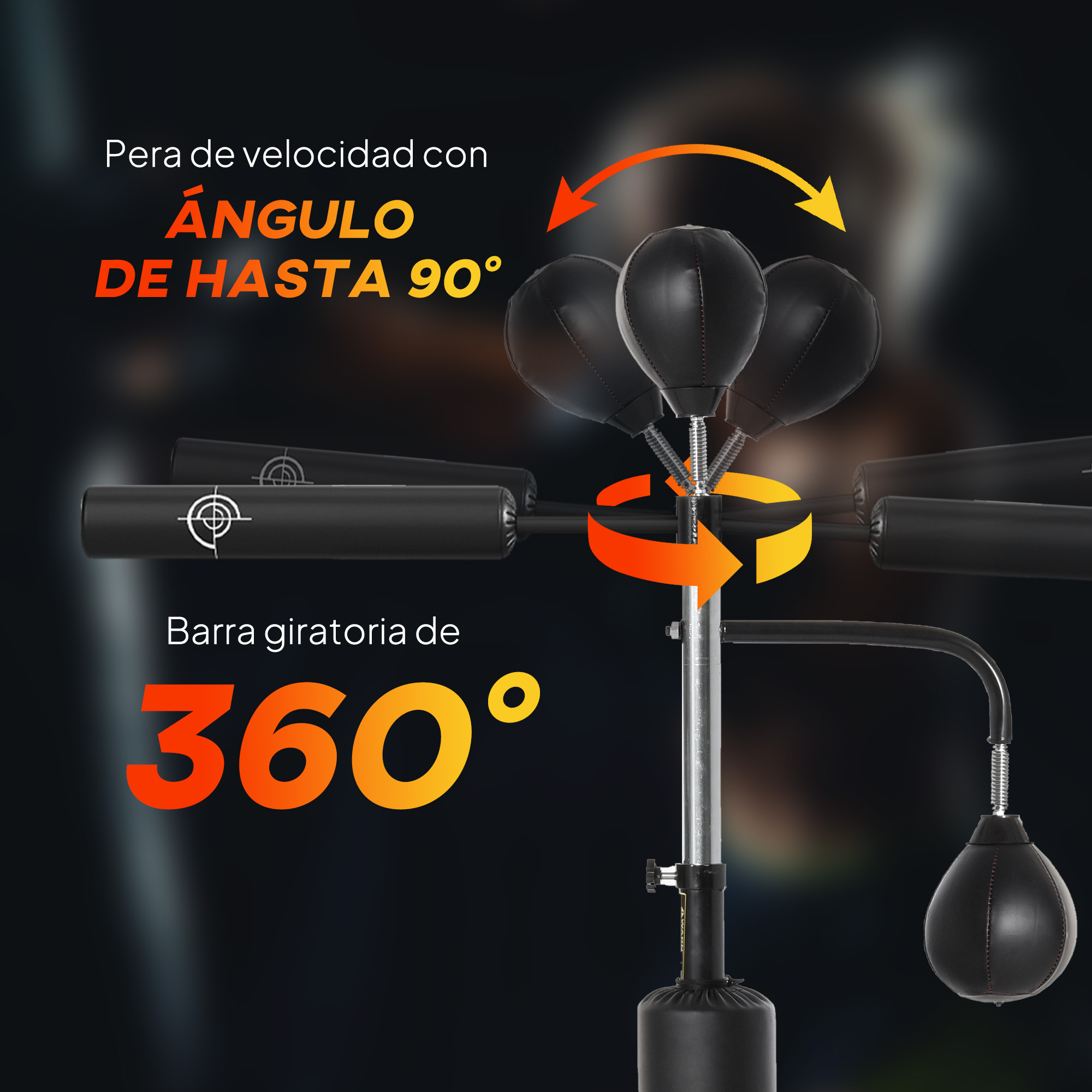 Saco de velocidad de boxeo negro con barra giratoria de 360 grados y ángulo de 90 grados. Incluye base y bolsa colgante.