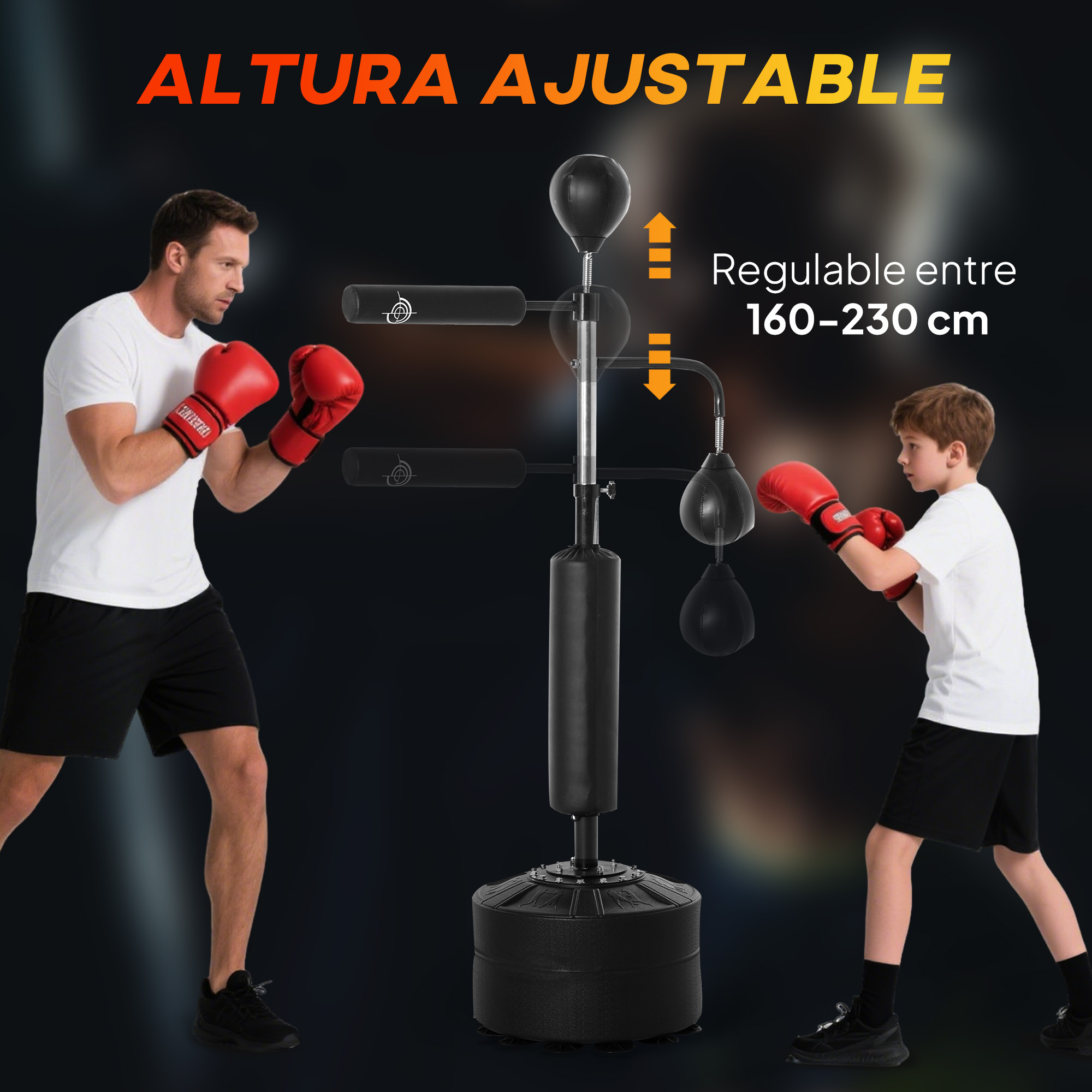 Dos personas boxean con guantes rojos. Una bolsa de boxeo negra está entre ellos. El texto dice: ALTURA AJUSTABLE.