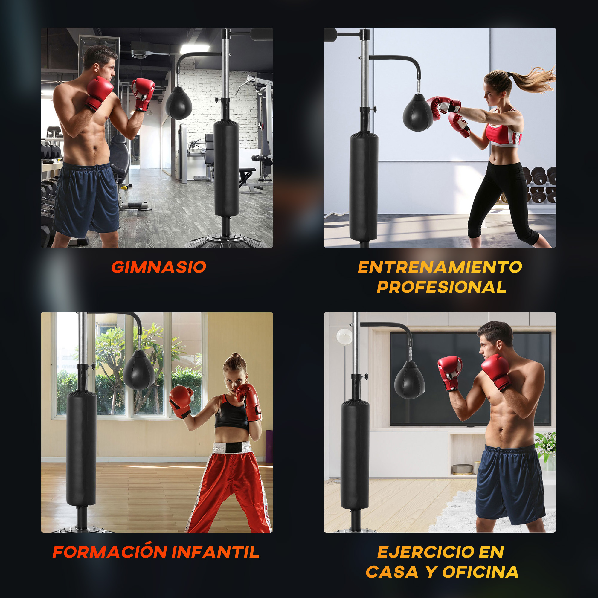 La imagen muestra entrenamiento de boxeo con pera y saco pesado. Se muestran entornos de gimnasio, hogar y oficina con hombres y mujeres.