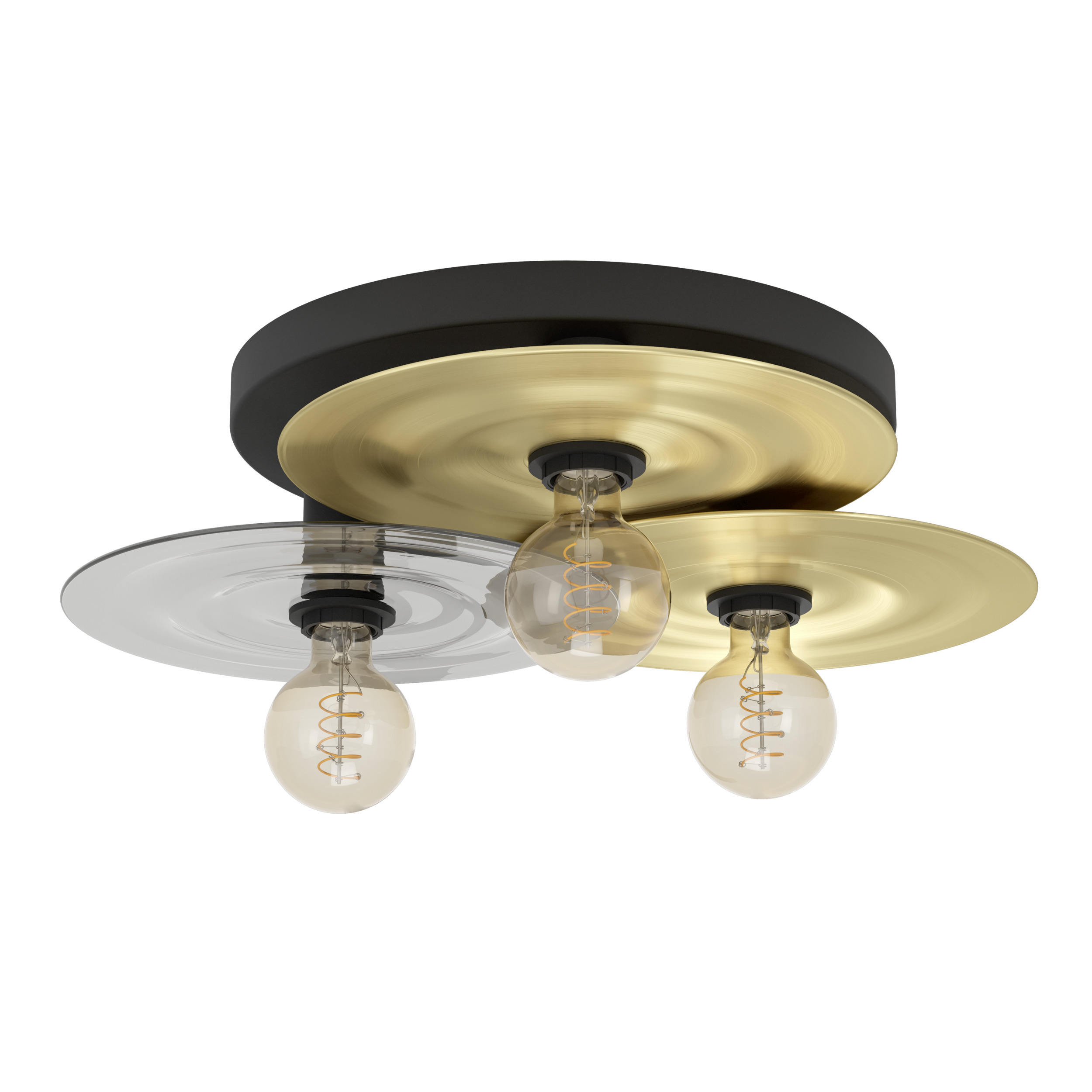 Un lampadario a soffitto con tre lampadine e un design nero e oro. Le lampadine sono rotonde, in vetro e hanno un filamento a spirale.