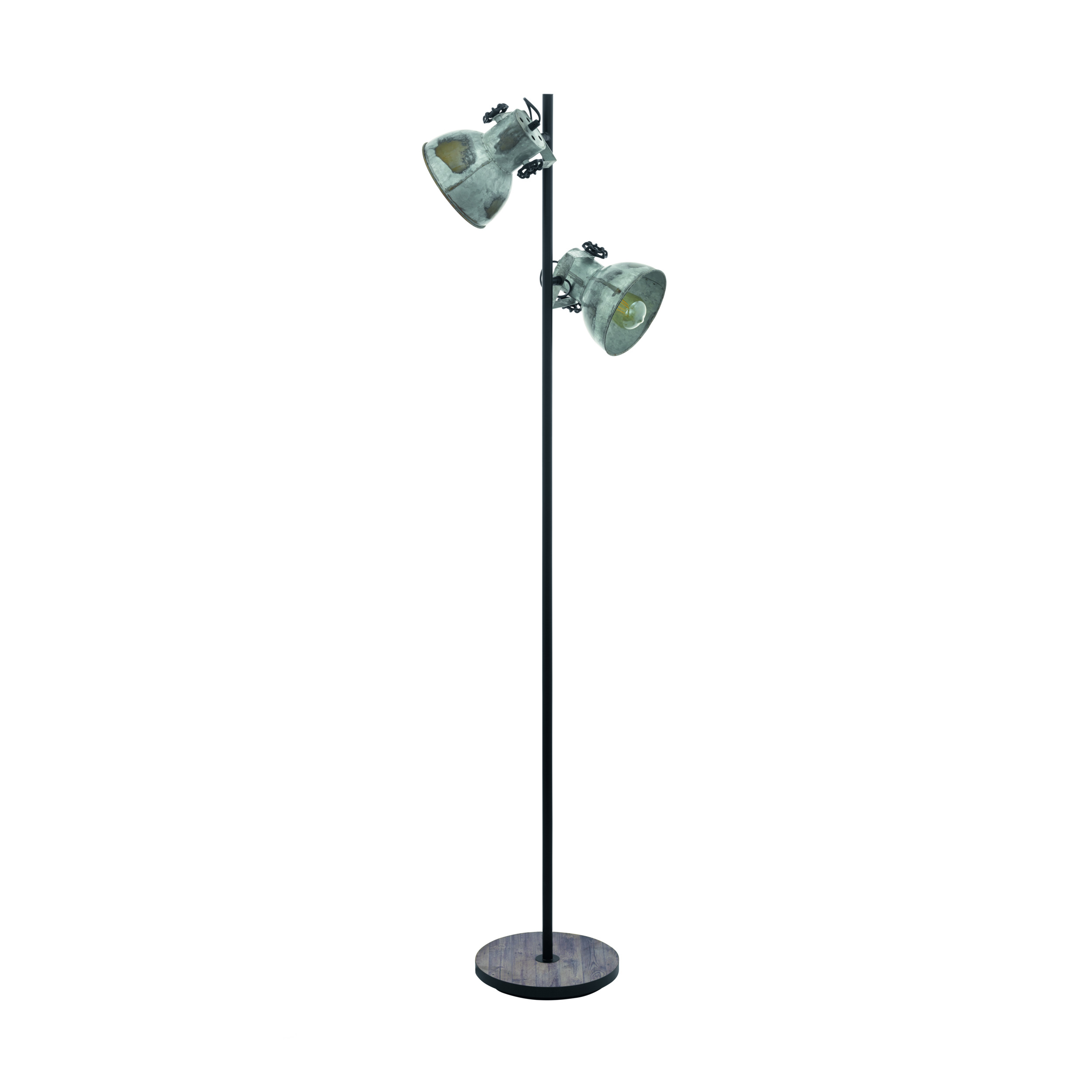 Eine Stehlampe mit zwei verstellbaren Metallschirmen, an einem schwarzen Pfahl und einem runden Holzsockel, vor weißem Hintergrund.