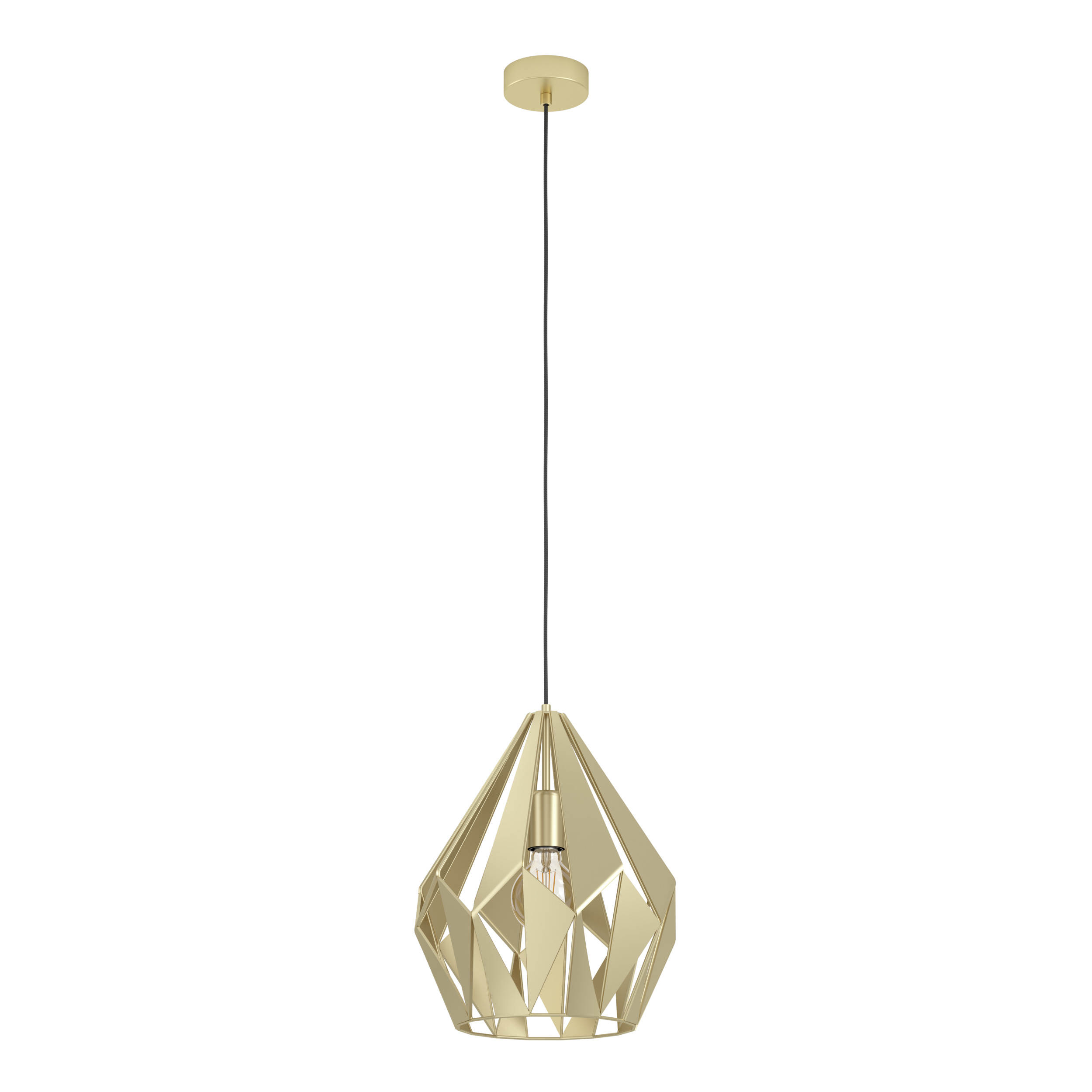 Eine goldene geometrische Pendelleuchte hängt an einem schwarzen Kabel. Der Hintergrund ist weiß.