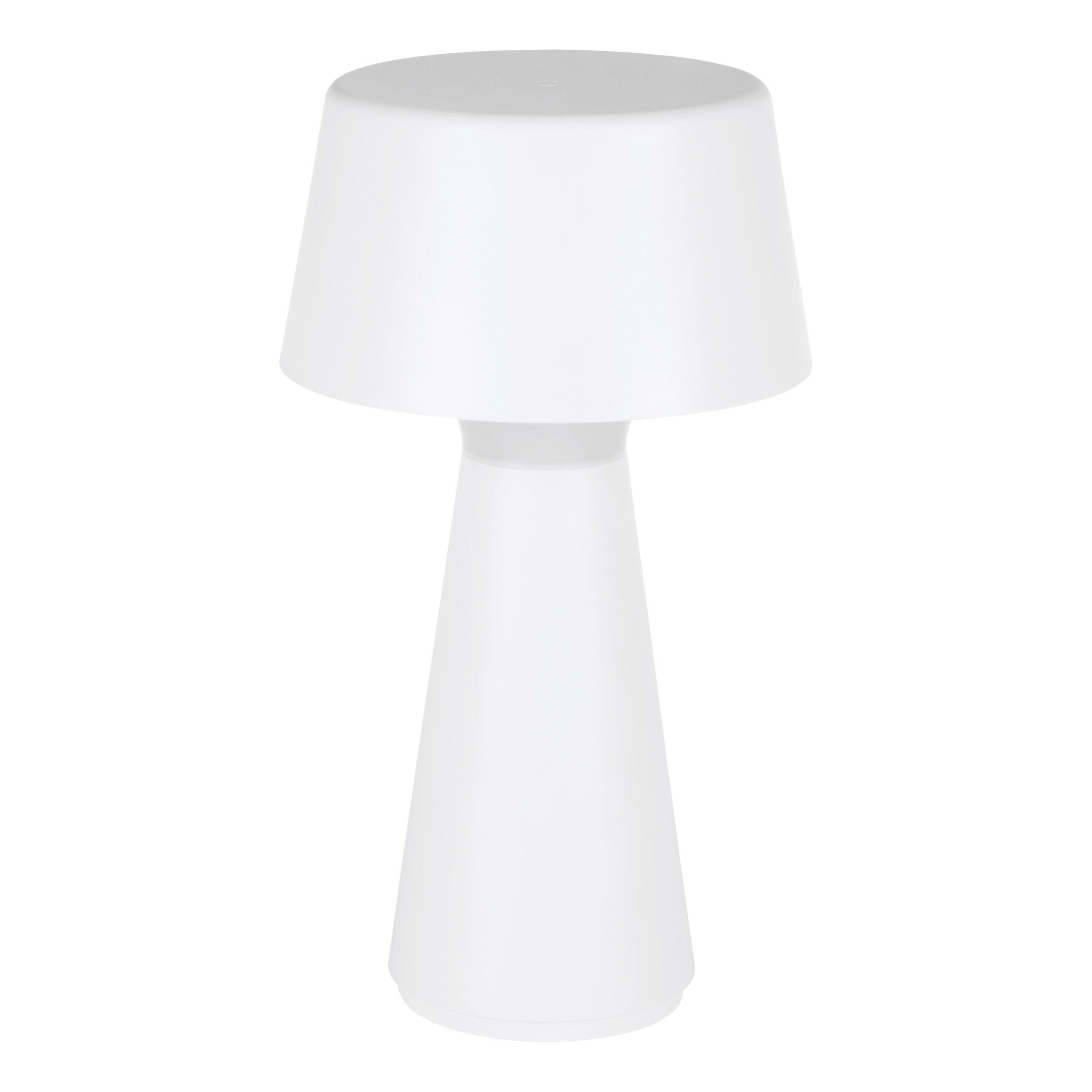 Eine weiße Lampe auf weißem Hintergrund. Sie hat einen konischen Sockel, einen zylindrischen Stiel und einen Lampenschirm.