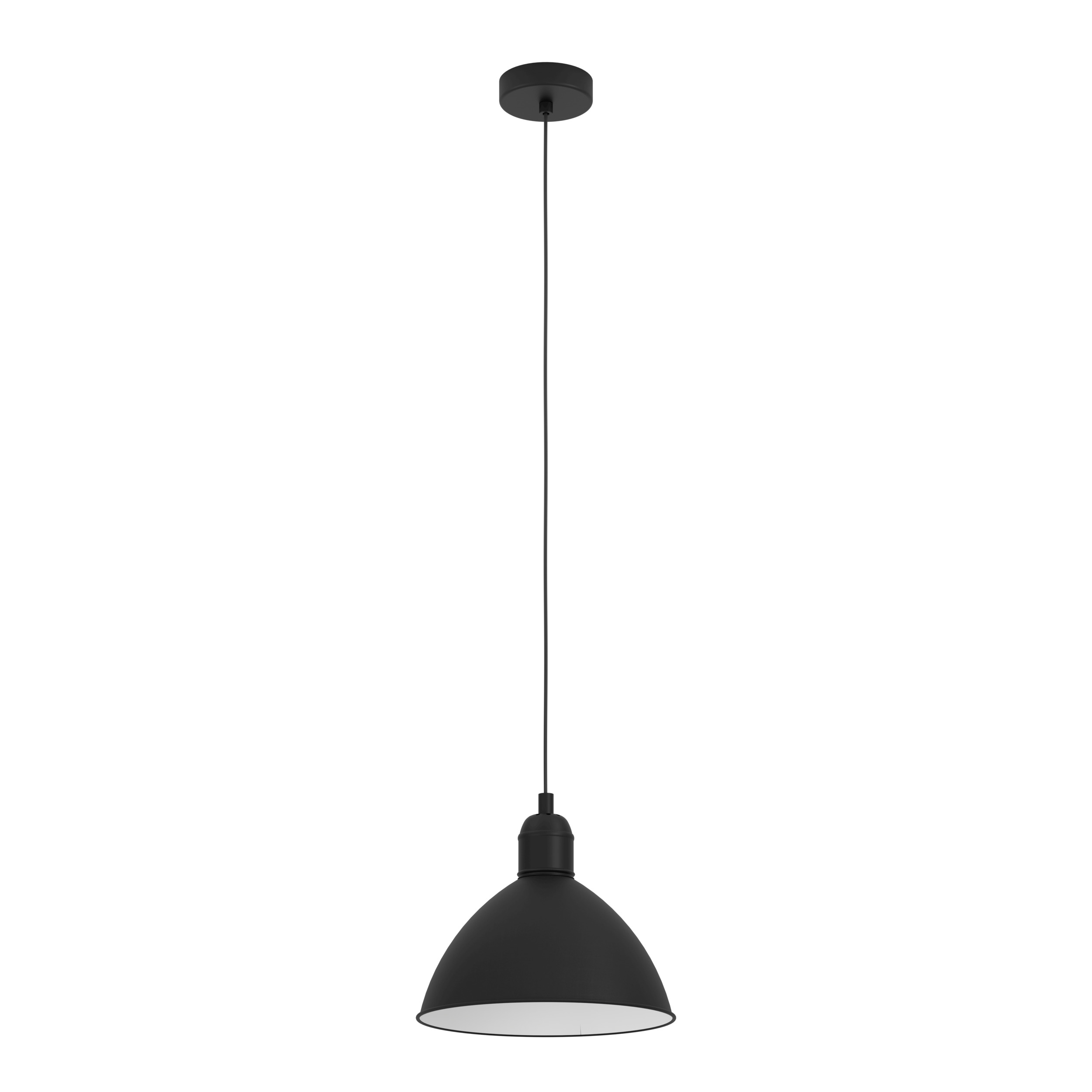 Una lampada a sospensione nera pende dal soffitto. Ha un paralume a forma di cupola e un interno bianco, su sfondo bianco.