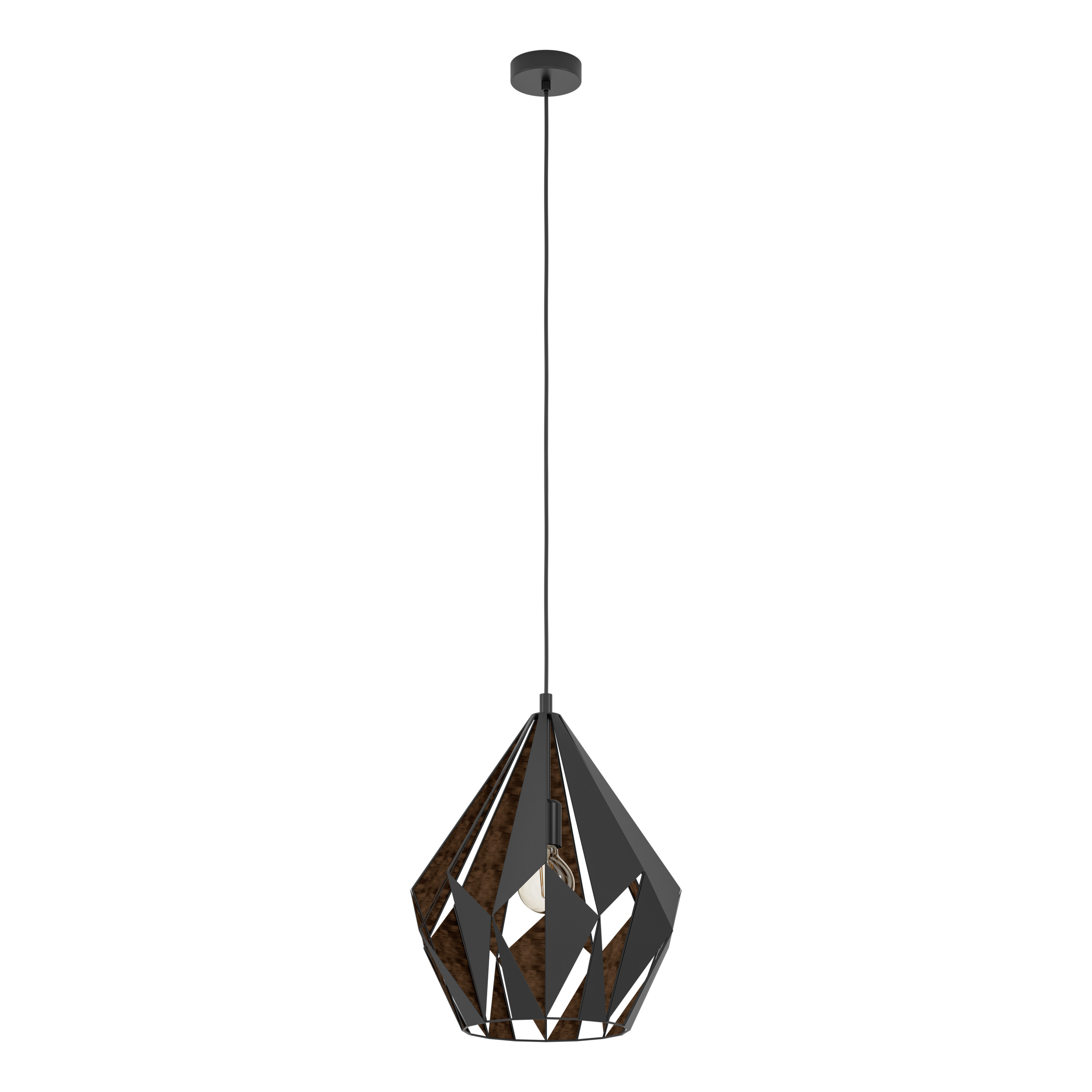 Una moderna lampada a sospensione con paralume geometrico nero. La lampada pende da un cavo nero su sfondo bianco.