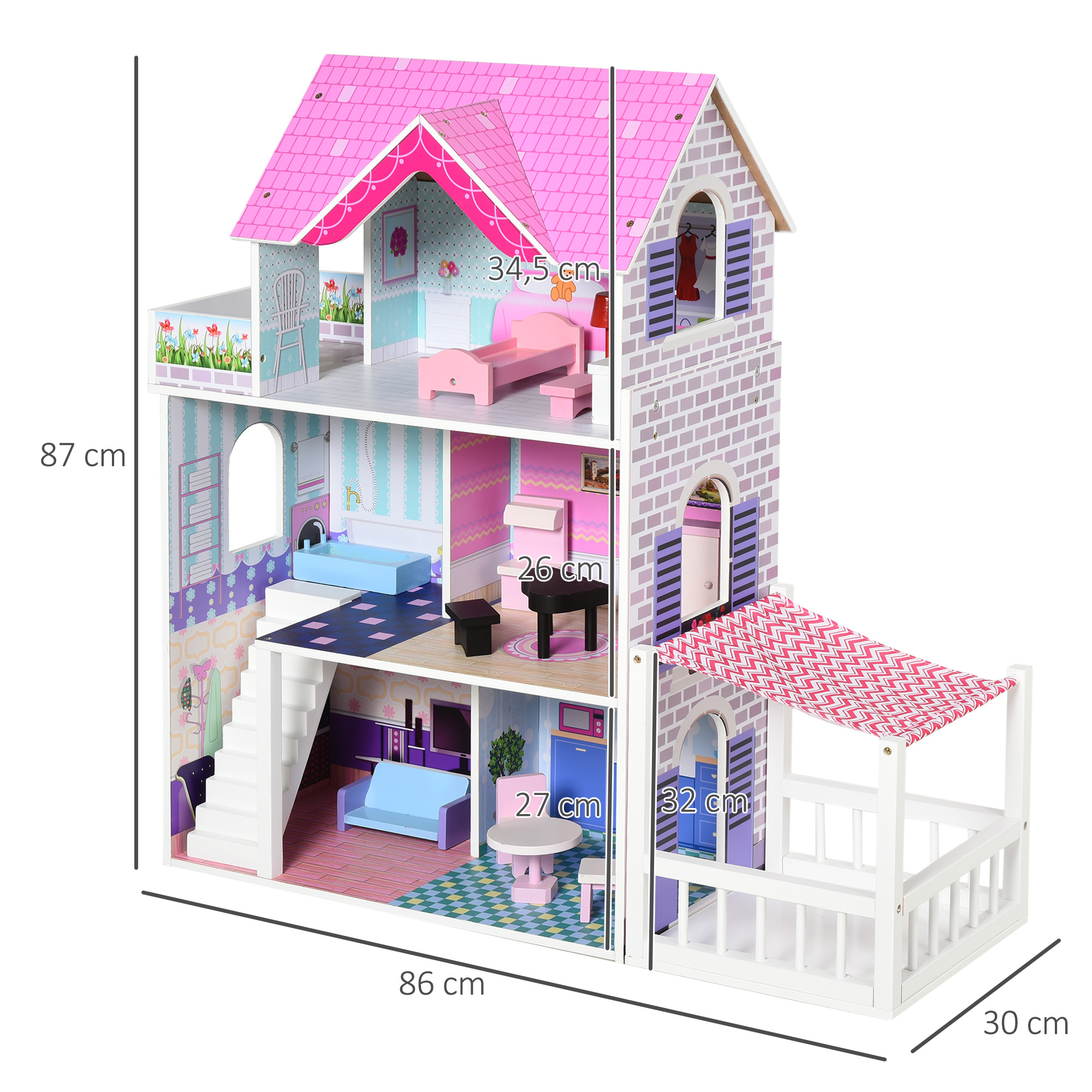 Una casa de muñecas de varios pisos con techo rosa, varias habitaciones y dimensiones etiquetadas. Cuenta con balcón, escaleras y muebles.