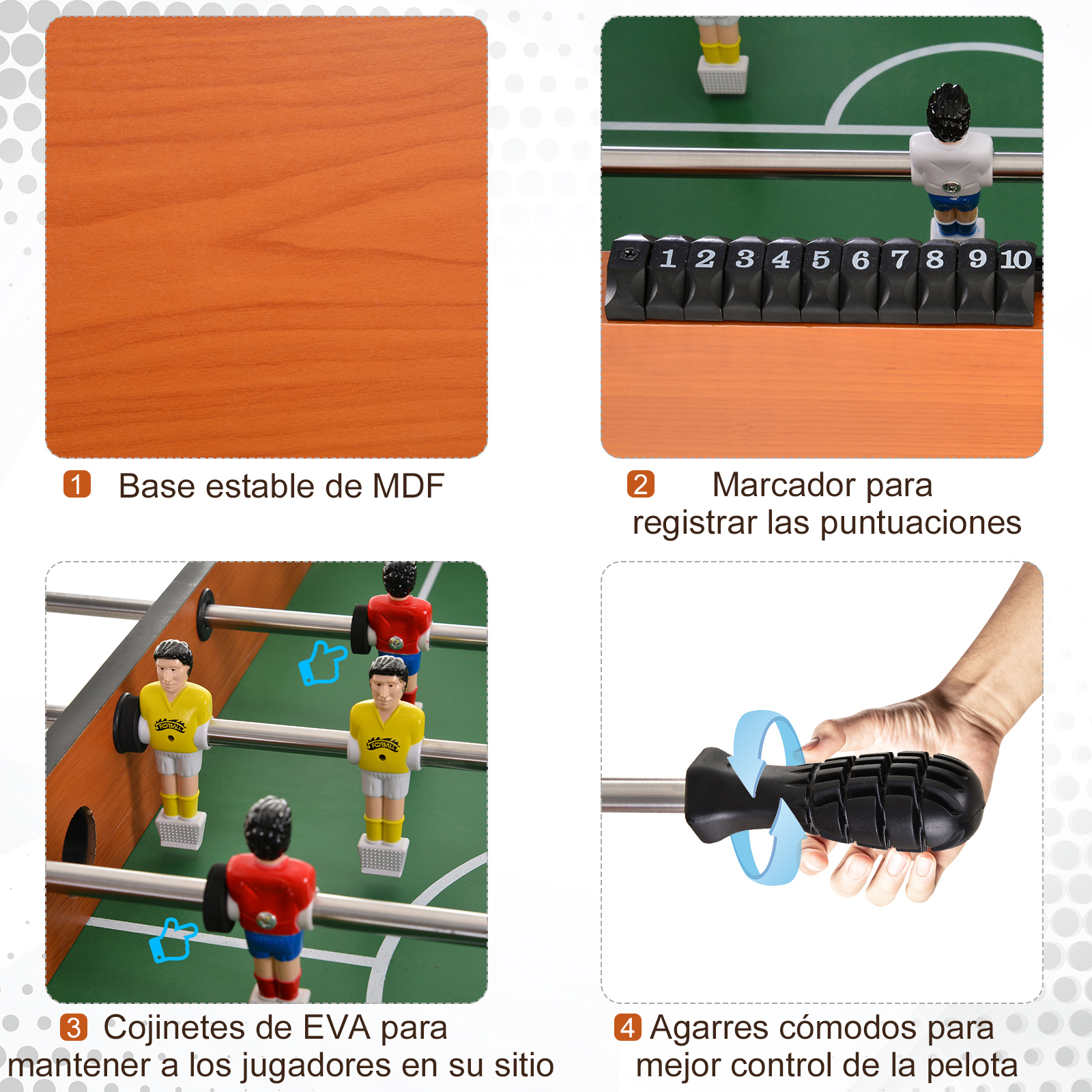 Componentes de futbolín: base de madera, marcadores de puntuación, jugadores y empuñaduras. Se muestran detalles.