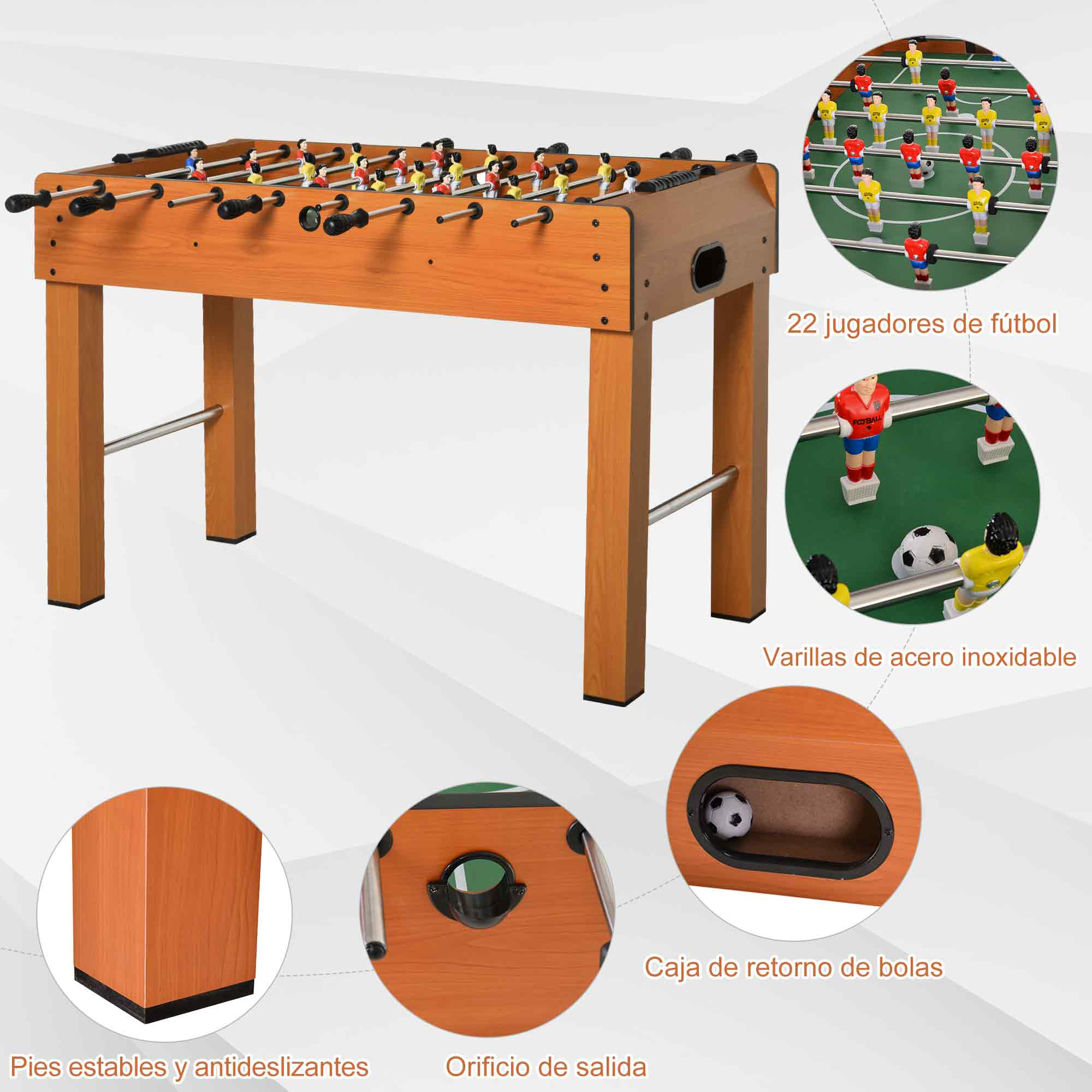 Mesa de futbolín con jugadores en rojo y amarillo. Incluye retorno de bolas, varillas de acero inoxidable y pies antideslizantes.