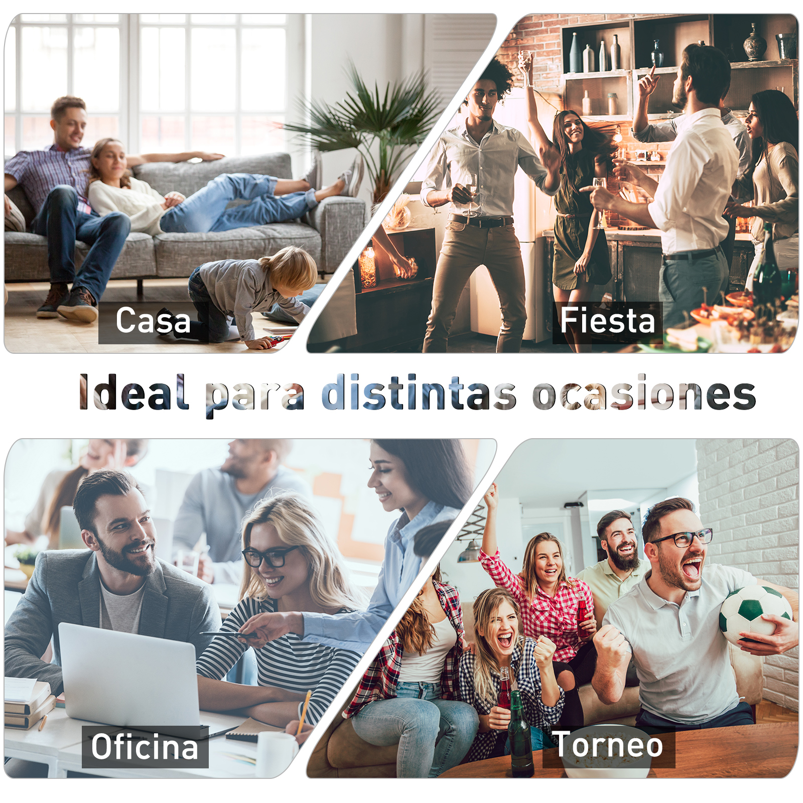 Collage de imágenes que representa escenas: familia en casa, fiesta, entorno de oficina y gente viendo un juego. El texto dice 'Ideal para distintas ocasiones'.
