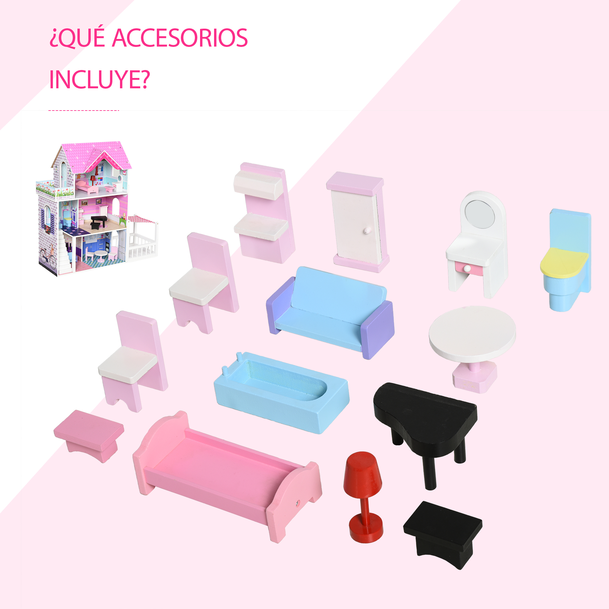 Una casa de muñecas con muebles que incluyen cama, sofá, sillas, piano y accesorios, todo sobre fondo rosa.