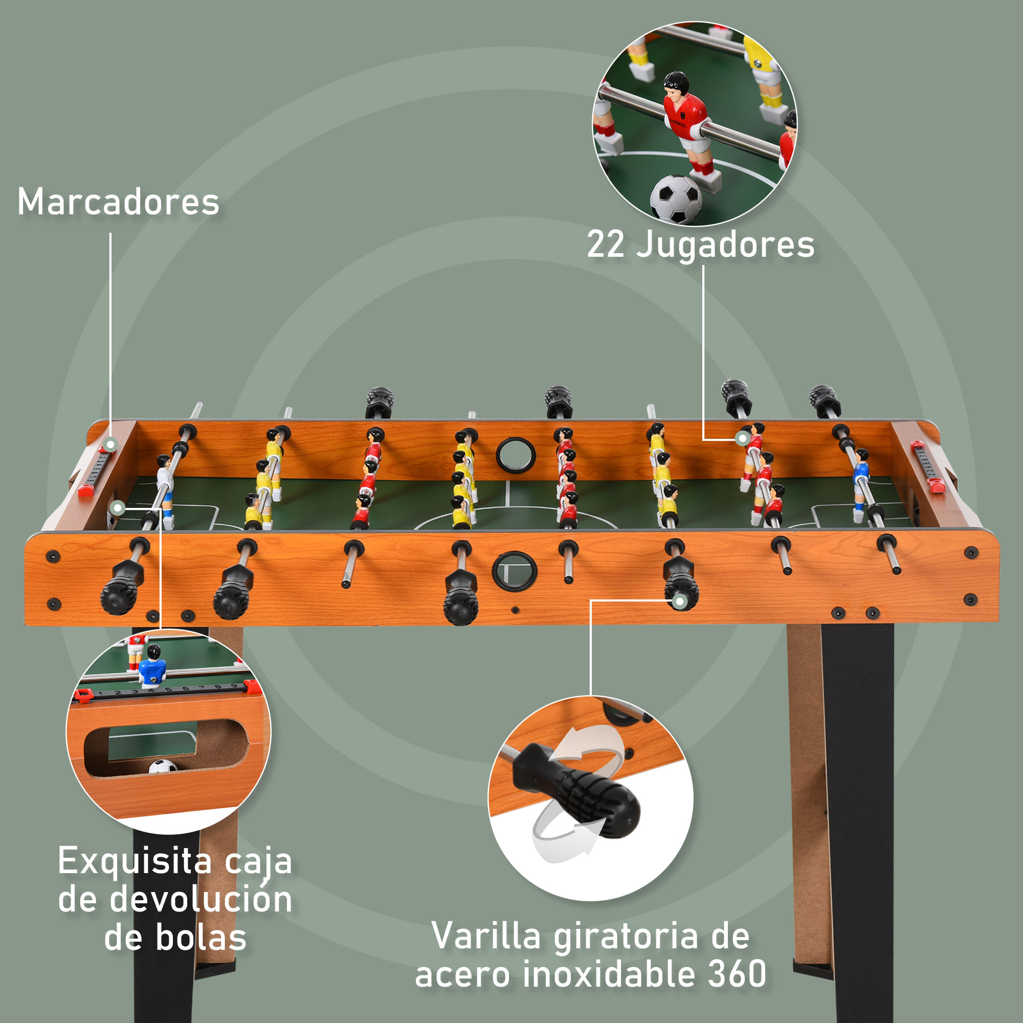 Futbolín, marrón y verde. Incluye varillas de jugadores, contadores de puntuación, retorno de balón y mangos giratorios.