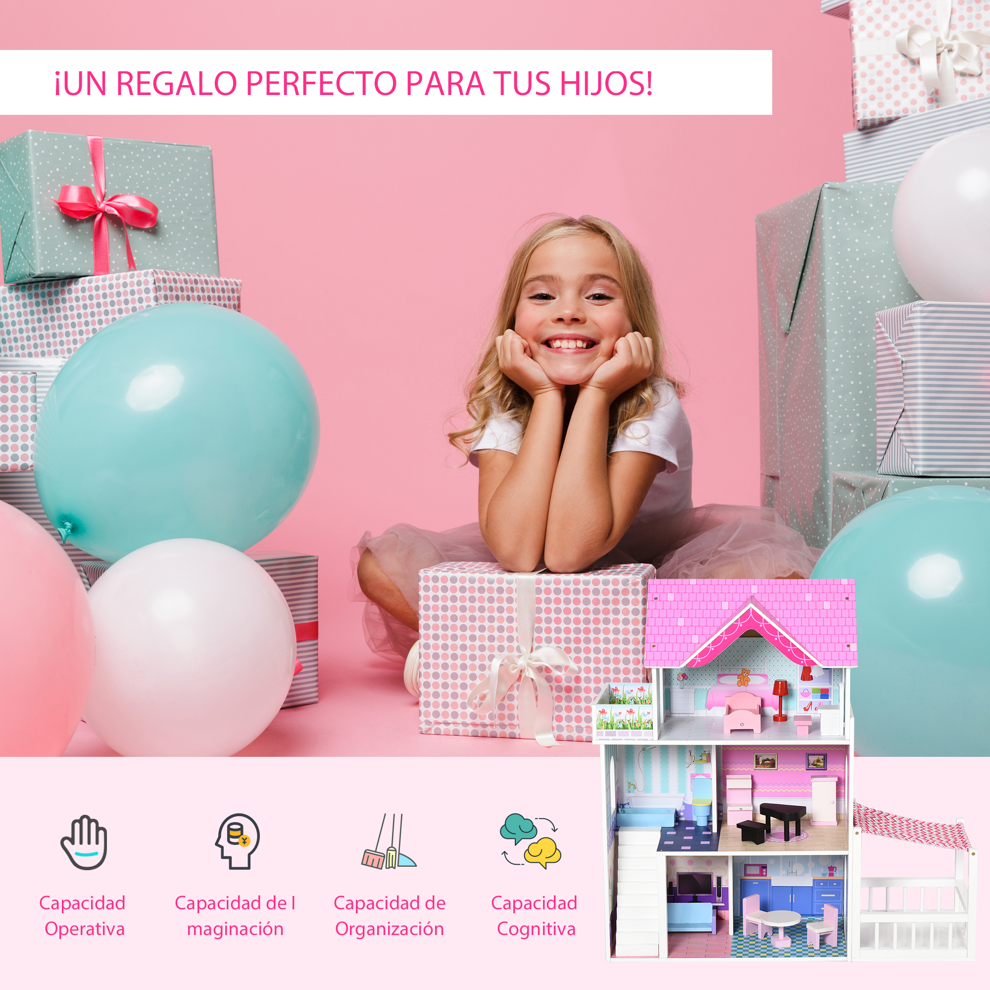 Niña con regalos y globos. Se muestra una casa de muñecas. La imagen promociona el regalo perfecto para niños.