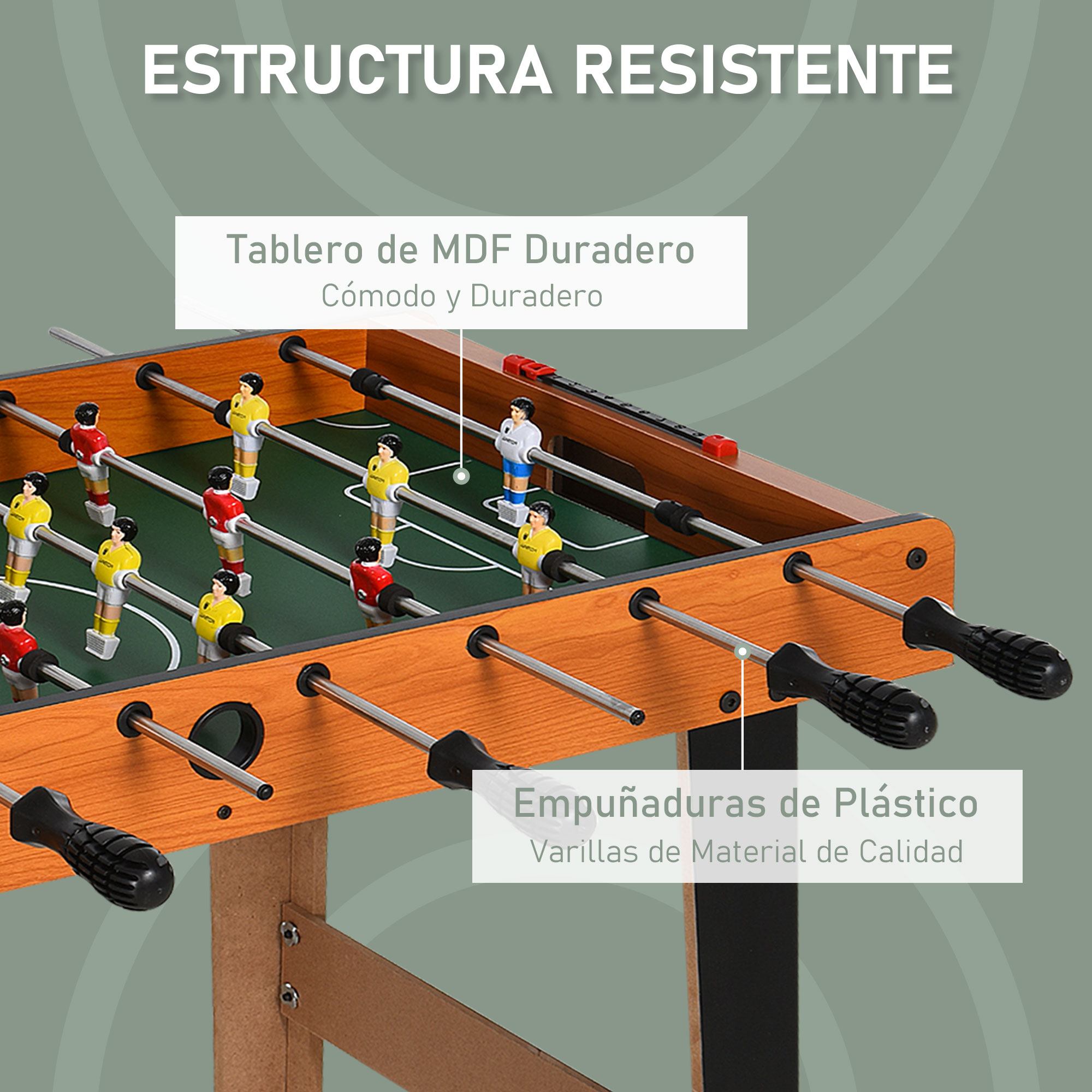 Detalle de futbolín. Marco de madera marrón, campo verde, jugadores en amarillo y rojo. Mangos negros y varillas plateadas.