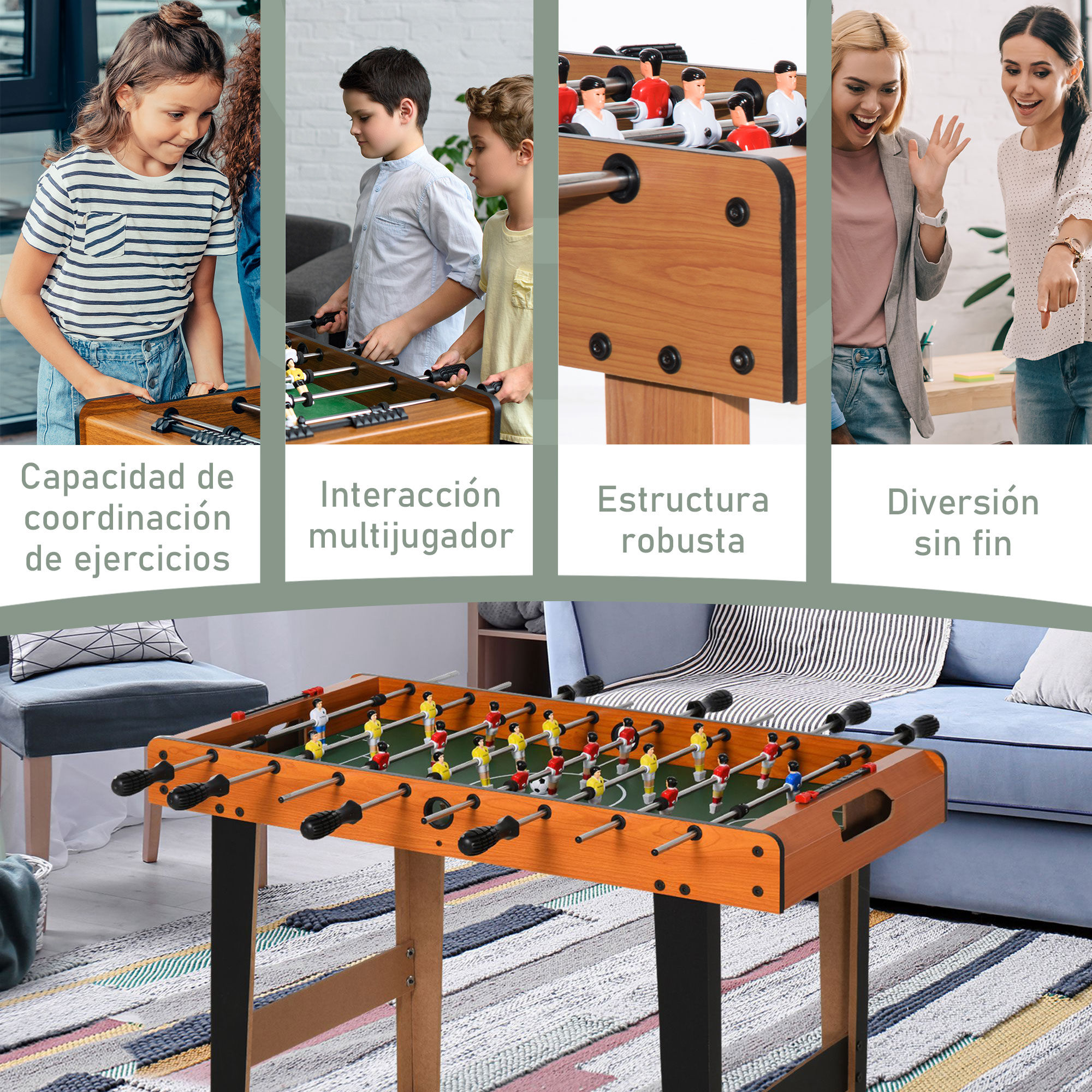 Mesa de futbolín con gente jugando. Cuatro imágenes muestran diferentes ángulos y reacciones de las personas. Estructura de madera y campo verde visibles.